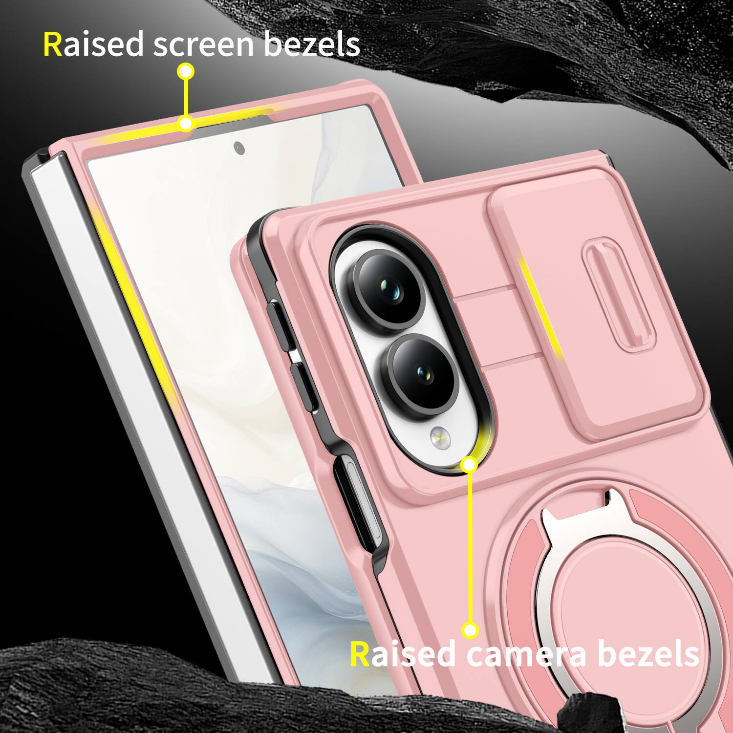 Raised screen bezels  
Raised camera bezels