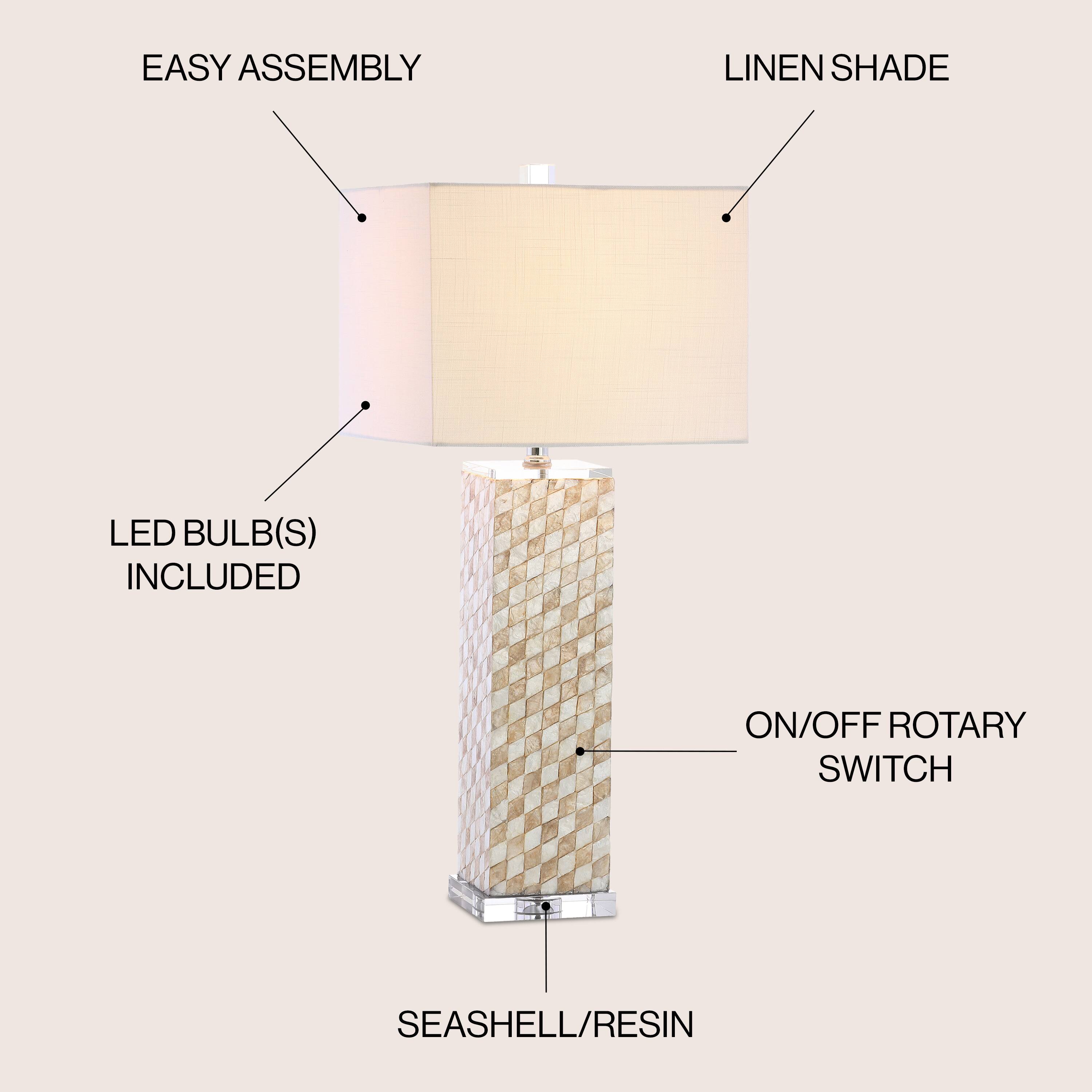 EASY ASSEMBLY  
LINEN SHADE  
LED BULB(S) INCLUDED  
ON/OFF ROTARY SWITCH  
SEASHELL/RESIN