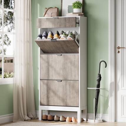 Front. Babevy - 3-Drawer Shoe Cabinet with Flip Doors and Drawer, Narrow Fluted Shoe Organizer with Adjustable Shelves - Gray.