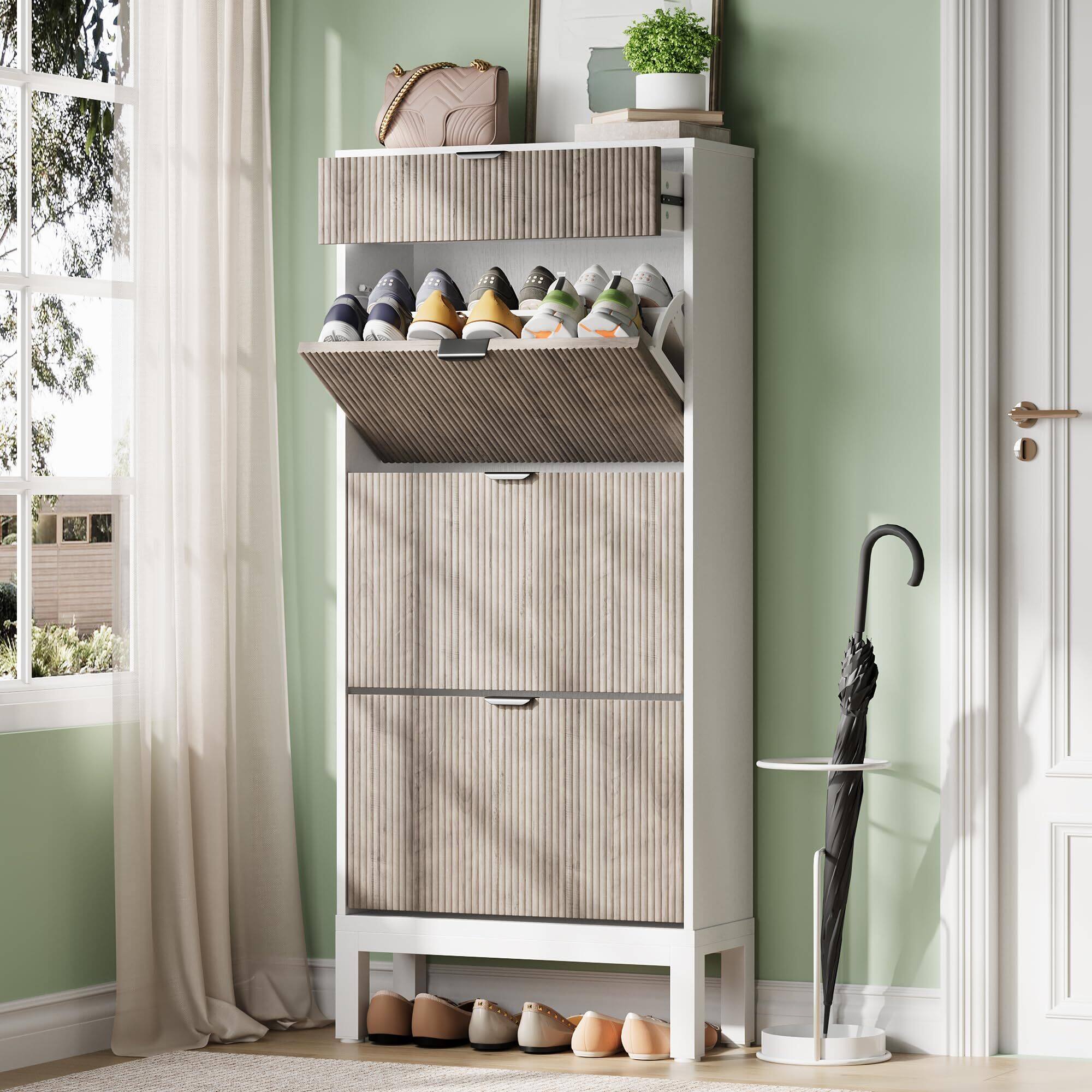 Front. Babevy - 3-Drawer Shoe Cabinet with Flip Doors and Drawer, Narrow Fluted Shoe Organizer with Adjustable Shelves - Gray.