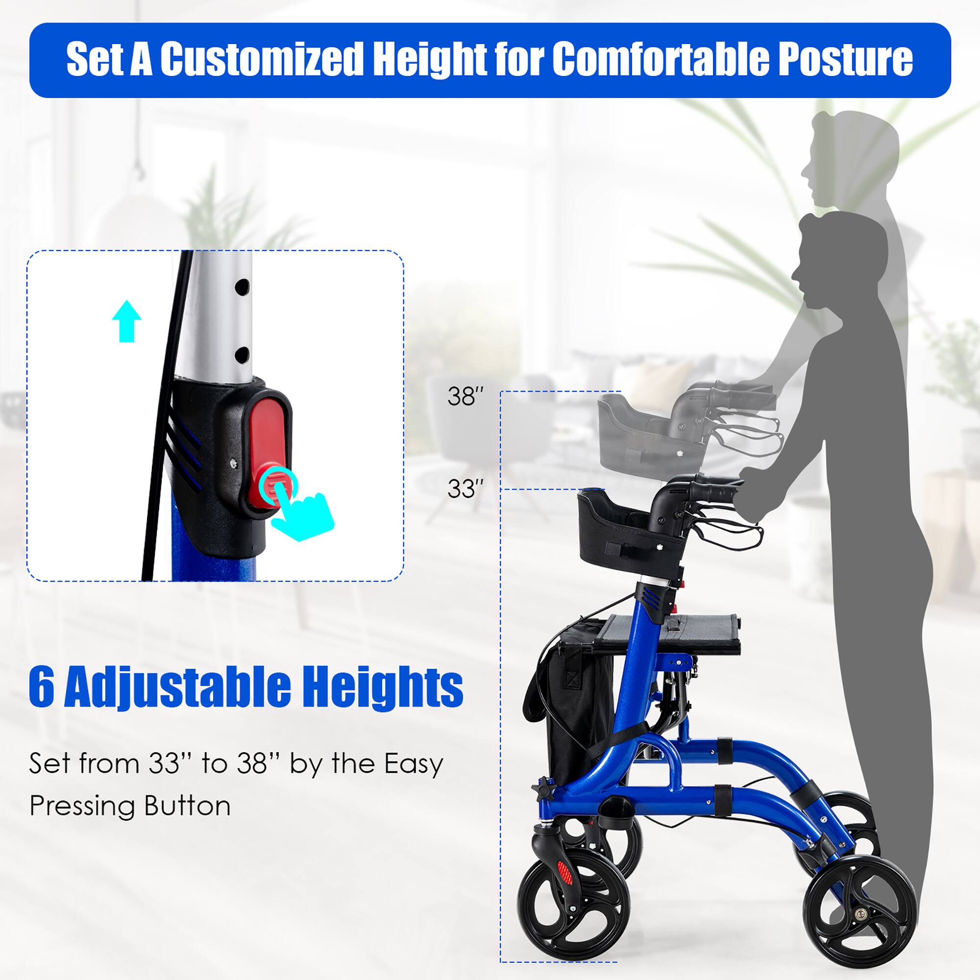 Set A Customized Height for Comfortable Posture, 6 Adjustable Heights, Set from 33" to 38" by the Easy Pressing Button