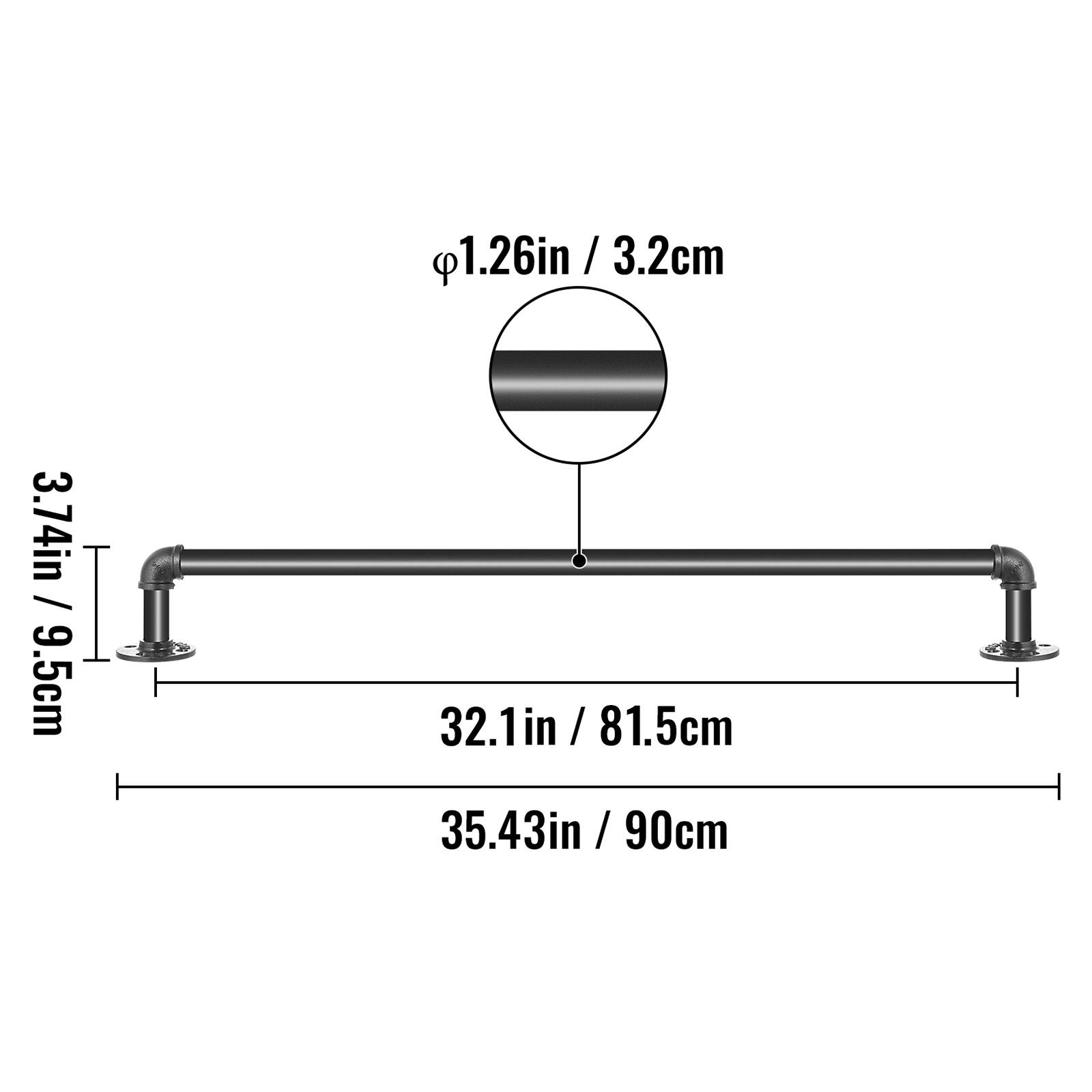 1.26in / 3.2cm, 3.74in / 9.5cm, 32.1in / 81.5cm, 35.43in / 90cm