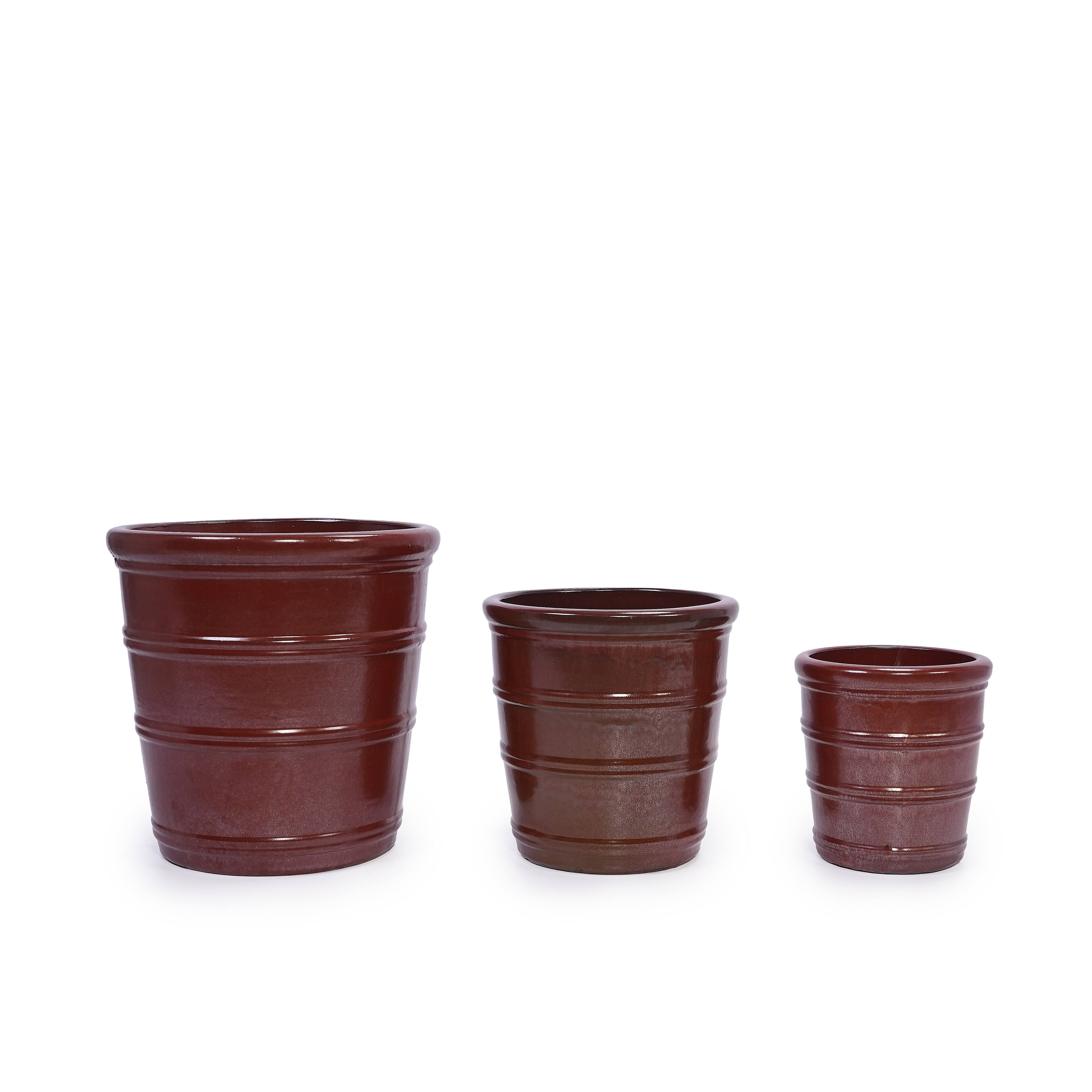 Angle. Loheer - Ceramic Planter Set of 3 Loheer Handmade Glazed Clay Pots Ribbed Deep Reddish Brown for Indoor Outdoor Plants.