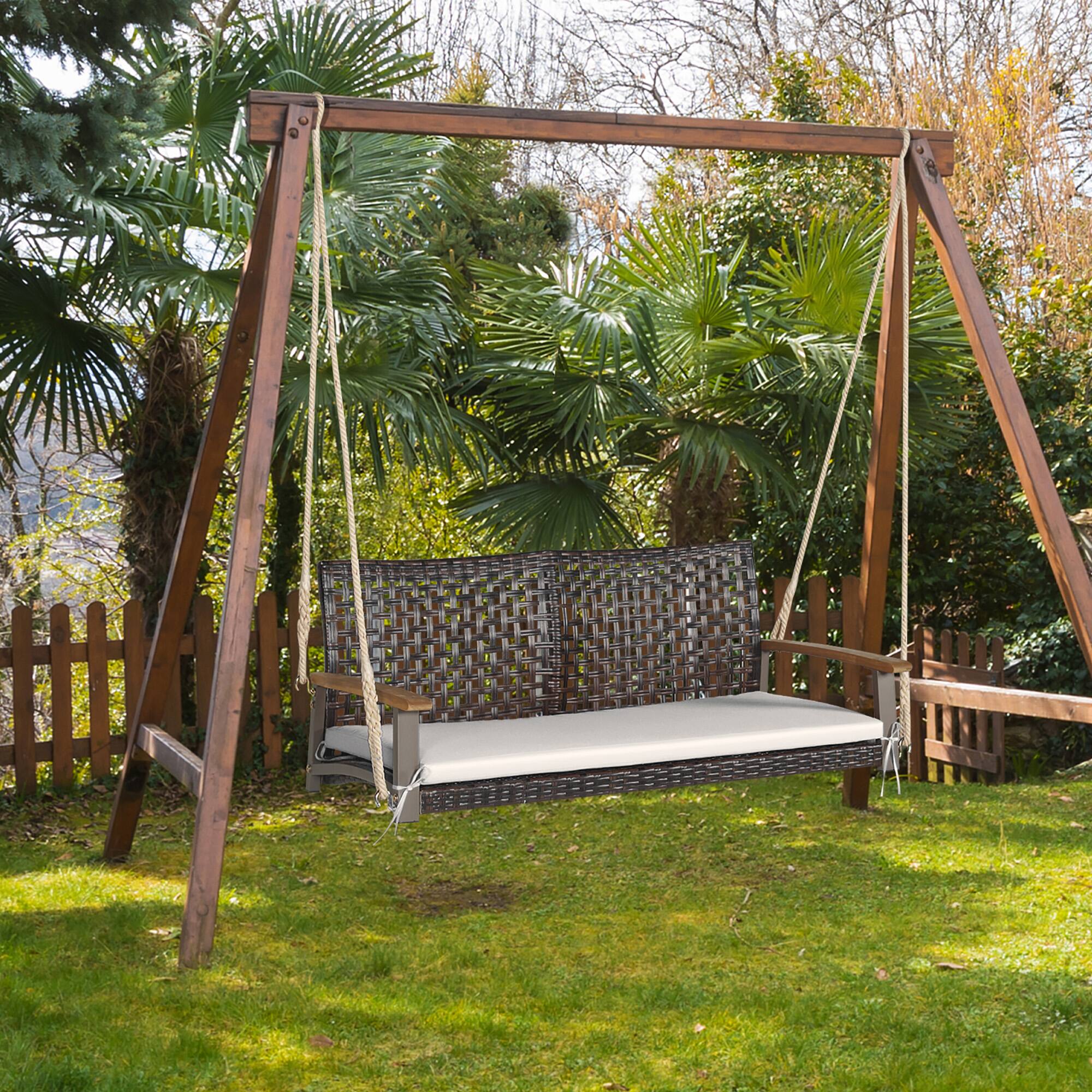 Alt View 7. Gymax - Gymax 2-Seat Rattan Porch Swing Chair Outdoor Wicker Swing Bench W/ Seat Cushion Off White - Off White.