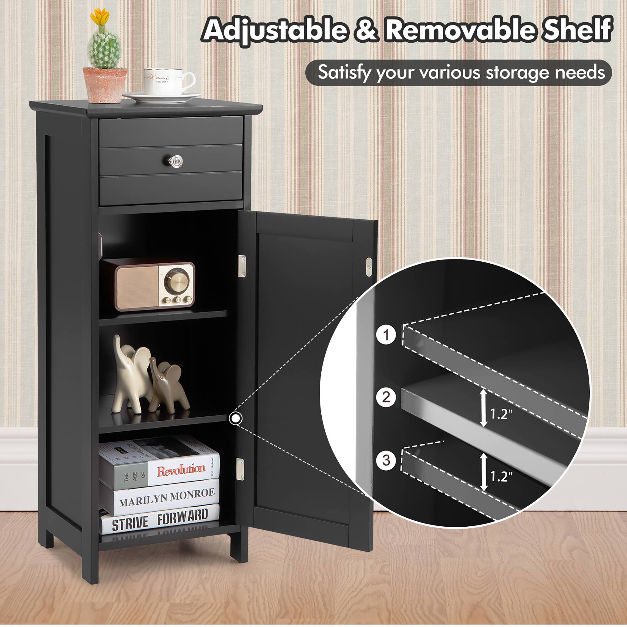 Adjustable & Removable Shelf  
Satisfy your various storage needs

1  
2  
1.2"  
P OF Revolution MARILYN MONROE STRIVE FORWARD  
3  
1.2"