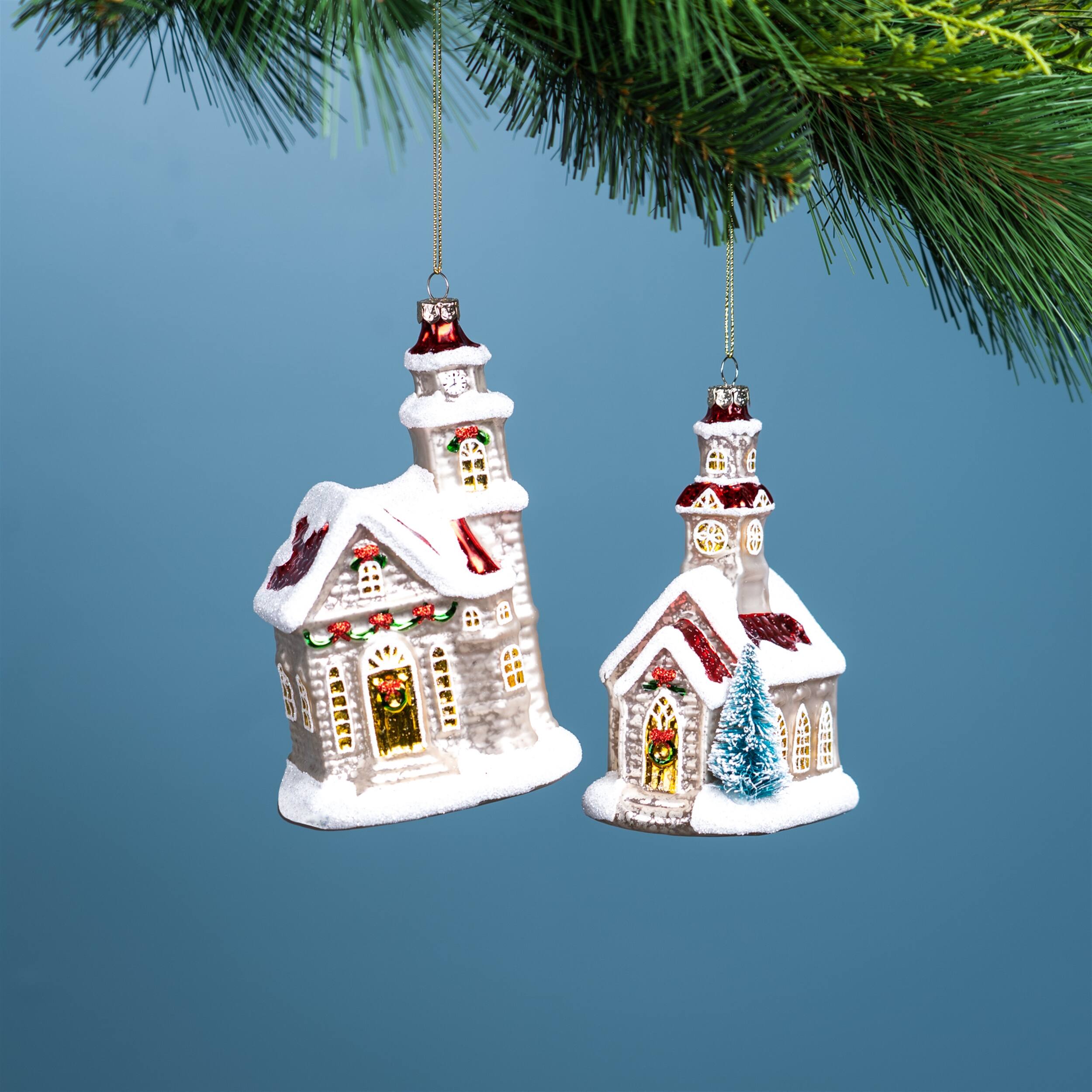 Angle. BreeBe - Glittered Glass Church Ornament (Set of 6) - Tan, Red.