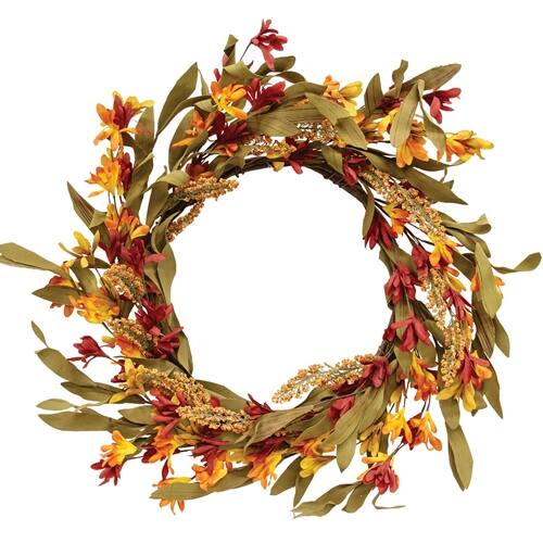 Front. BreeBe - Harvest Wildflower & Heather Wreath - 22" - Burgundy, Yellow-Orange.