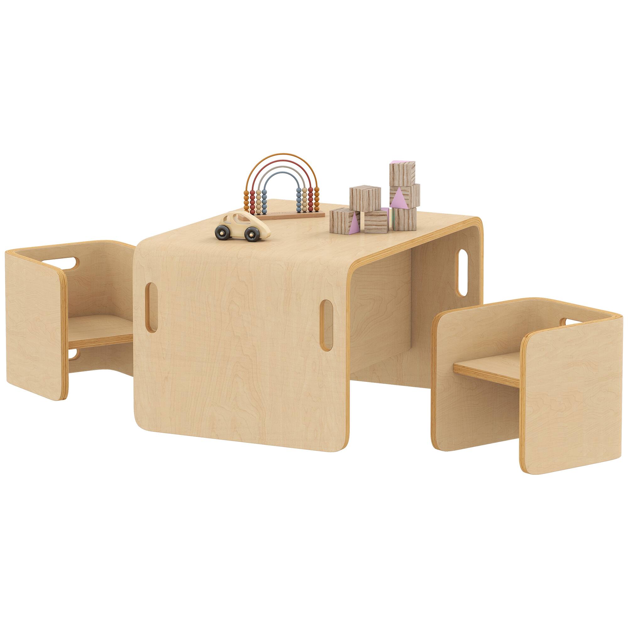 Front. Qaba - Kids Table and Chair Set, Wooden Activity Table w/2 Adjustable Chairs, for 3-8, Play, Eating, Learning - Natural Wood.