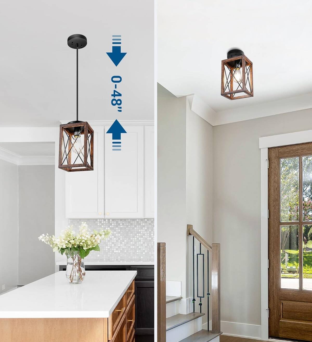 Alt View 3. FINEAK - Adjustable Farmhouse Pendant Light-Rustic Wood Grain Metal Fixture.