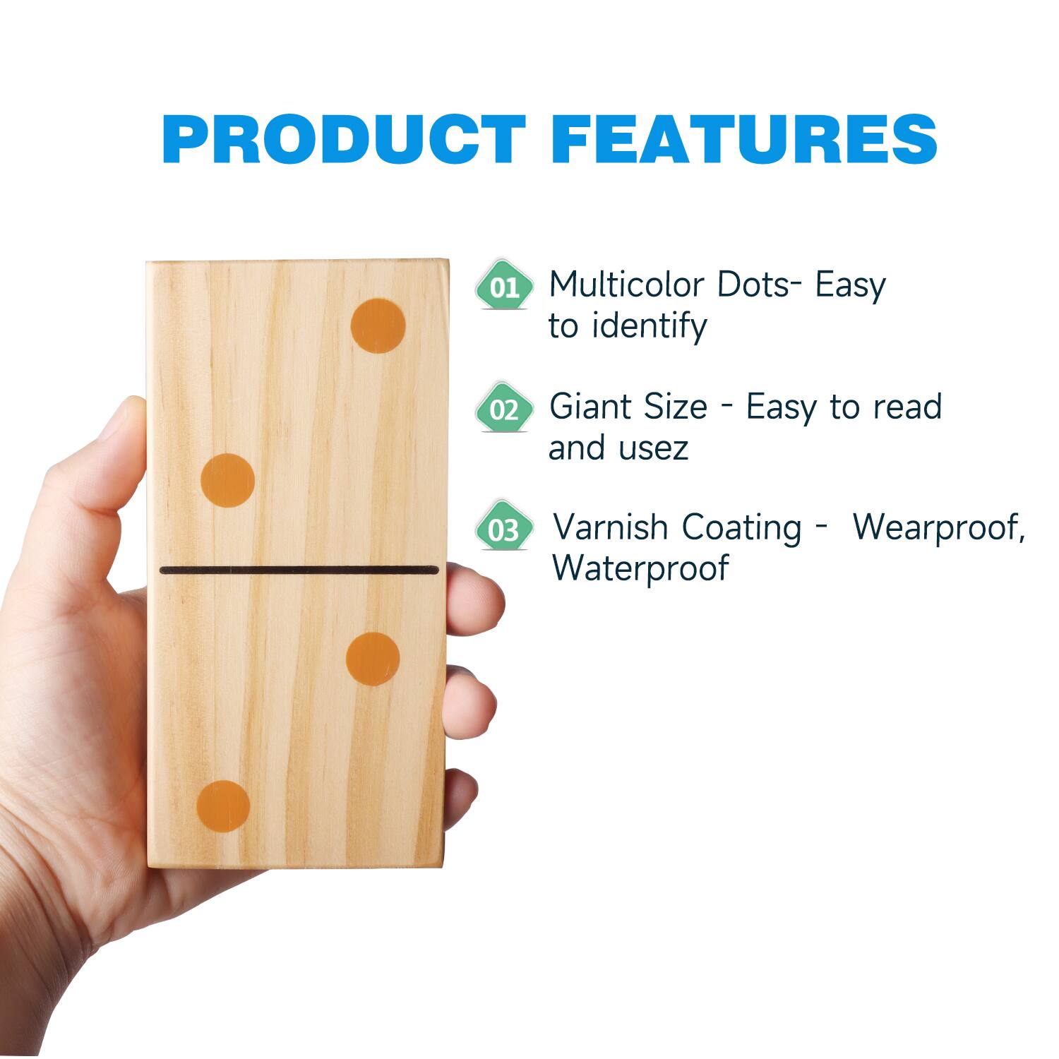 PRODUCT FEATURES
01 Multicolor Dots- Easy to identify
02 Giant Size - Easy to read and usez
03 Varnish Coating - Wearproof, Waterproof