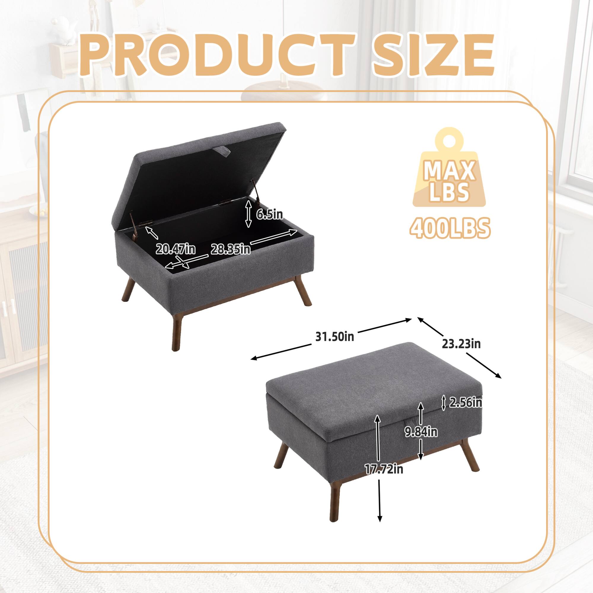 PRODUCT SIZE  
6.5in  
20.47in  
28.35in  

MAX LBS  
400LBS  

31.50in  
23.23in  
2.56in  
9.84in  
17.72in