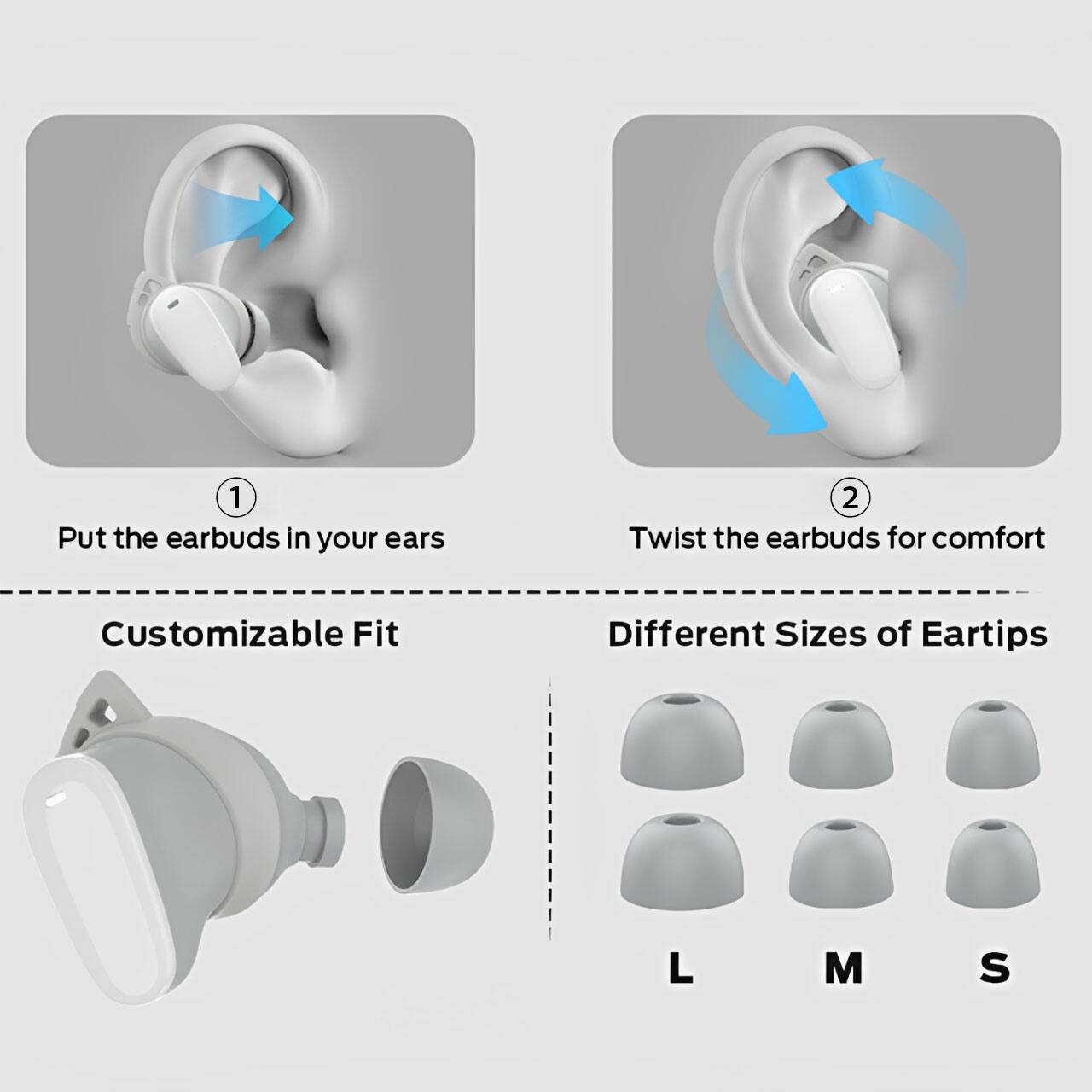 1. Put the earbuds in your ears  
2. Twist the earbuds for comfort  

Customizable Fit  
Different Sizes of Eartips: L, M, S