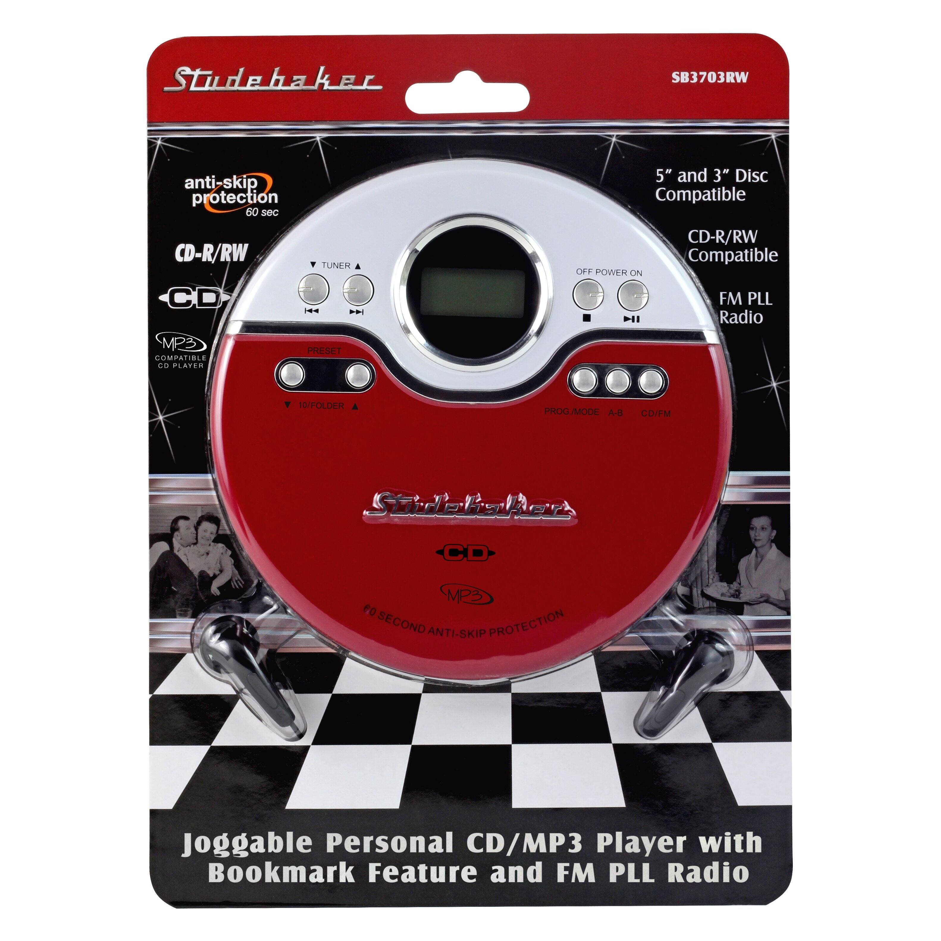 Studebaker SB3703RW anti-skip protection 60 sec 5" and 3" Disc Compatible CD-R/RW CD MP5 COMPATIBLE Ca PLATER TUNER . .. PRESET OFF POWER ON M1 CD-R/RW Compatible FM PLL Radio I/FOLDER PROGUMODE A-a CO/ StrlesRer Rer CD MPS  SECOND ANTI-SKIP PROTECTION Joggable Personal CD/MP3 Player with Bookmark Feature and FM PLL Radio.