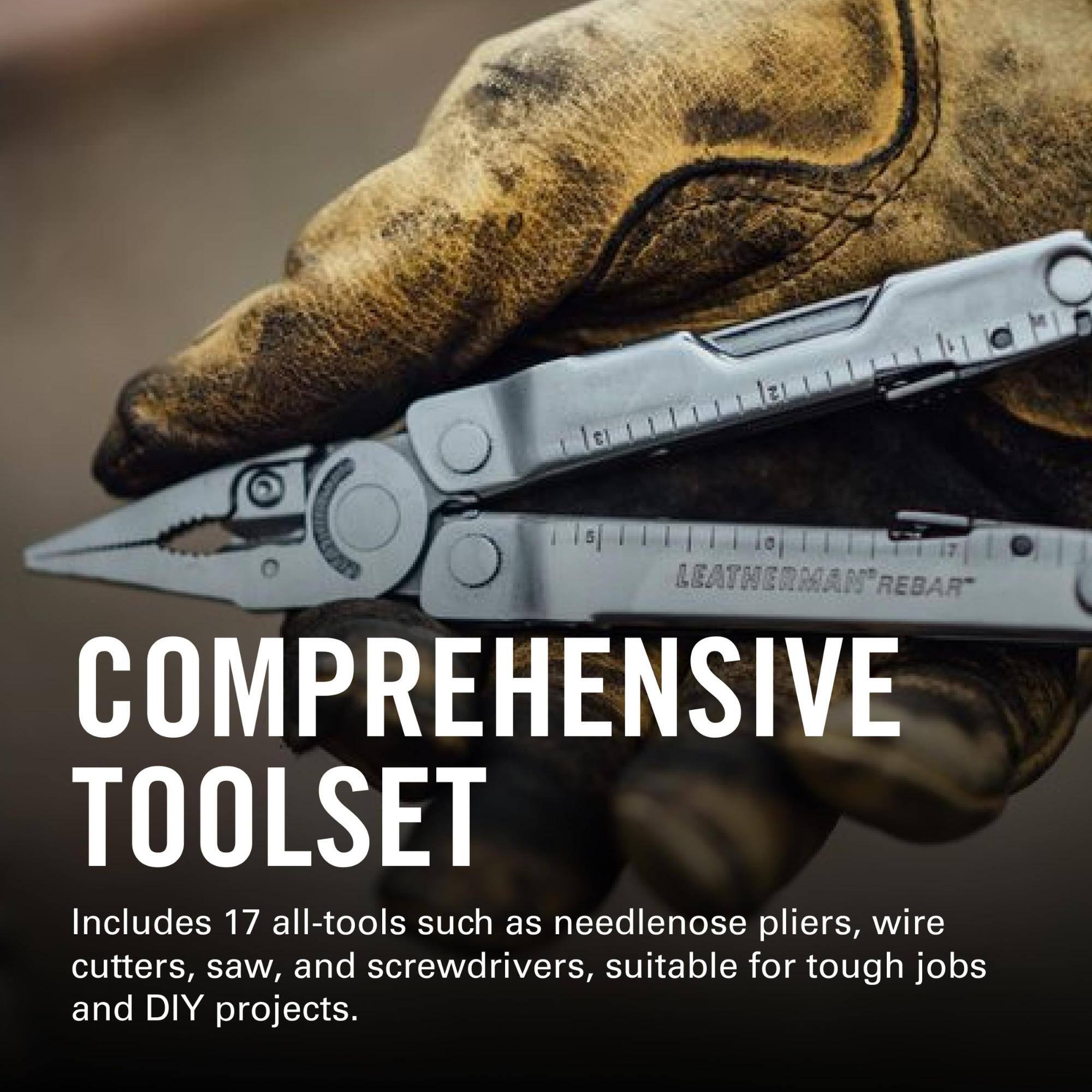 LEATHERMAN REBAR" COMPREHENSIVE TOOLSET Includes 17 all-tools such as needlenose pliers, wire cutters, saw, and screwdrivers, suitable for tough jobs and DIY projects.
