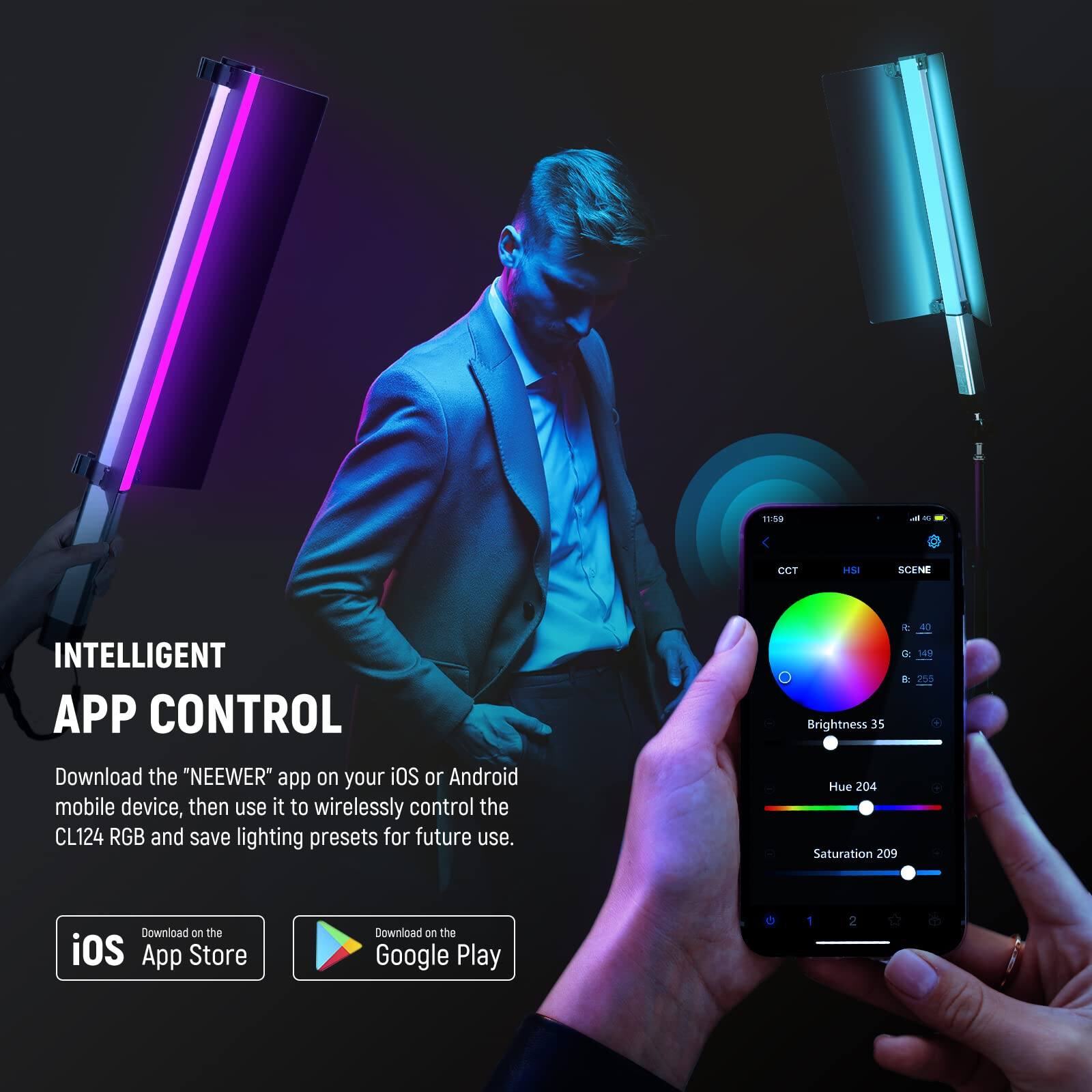 11:50  
- CCT HSI SCENE  
- Brightness 35  
- Hue 204  
- Saturation 209  

Download the "NEEWER" app on your iOS or Android mobile device, then use it to wirelessly control the CL124 RGB and save lighting presets for future use.  

Download on the iOS App Store  
Download on the Google Play
