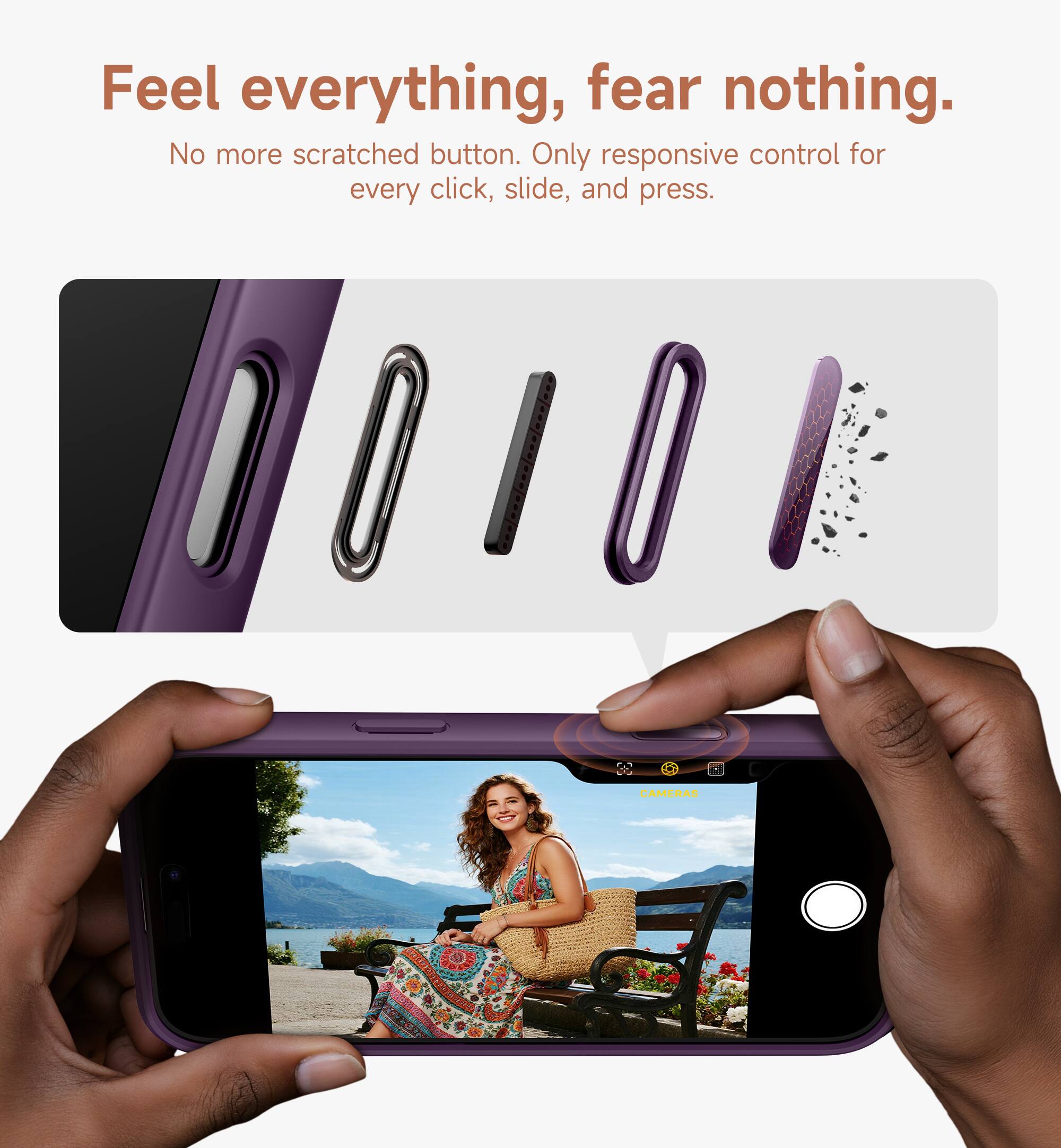 Feel everything, fear nothing.  
No more scratched button. Only responsive control for every click, slide, and press.  
CAMERAS