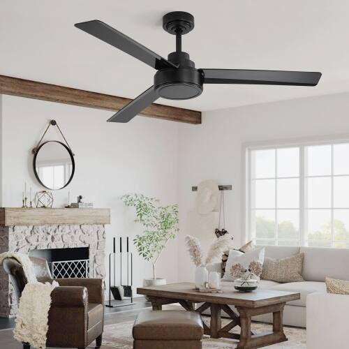 Left. LUCKY ONE - 52" Outdoor Ceiling Fan No Light Remote 3 ABS Blades DC Motor - Black.