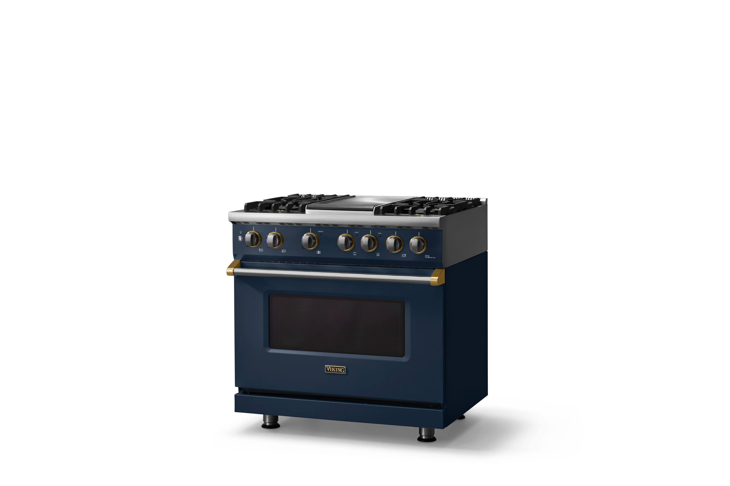 Angle. Viking - 36 in. Wide 4 Burner Pro 5 Series 5.6 Cu. Ft. Freestanding Sealed LP DF Convection Range/Grdl with Brushed Brass Trim - Slate Blue.