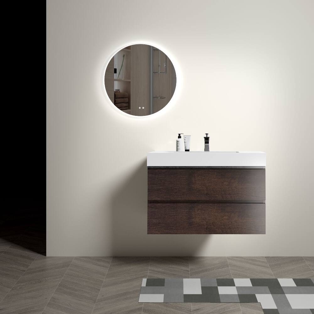 Angle. Loheer - Loheer 36 inch walnut bathroom vanity wall mounted floating vanity with white sink basin pre-assembled - White+Walnut.