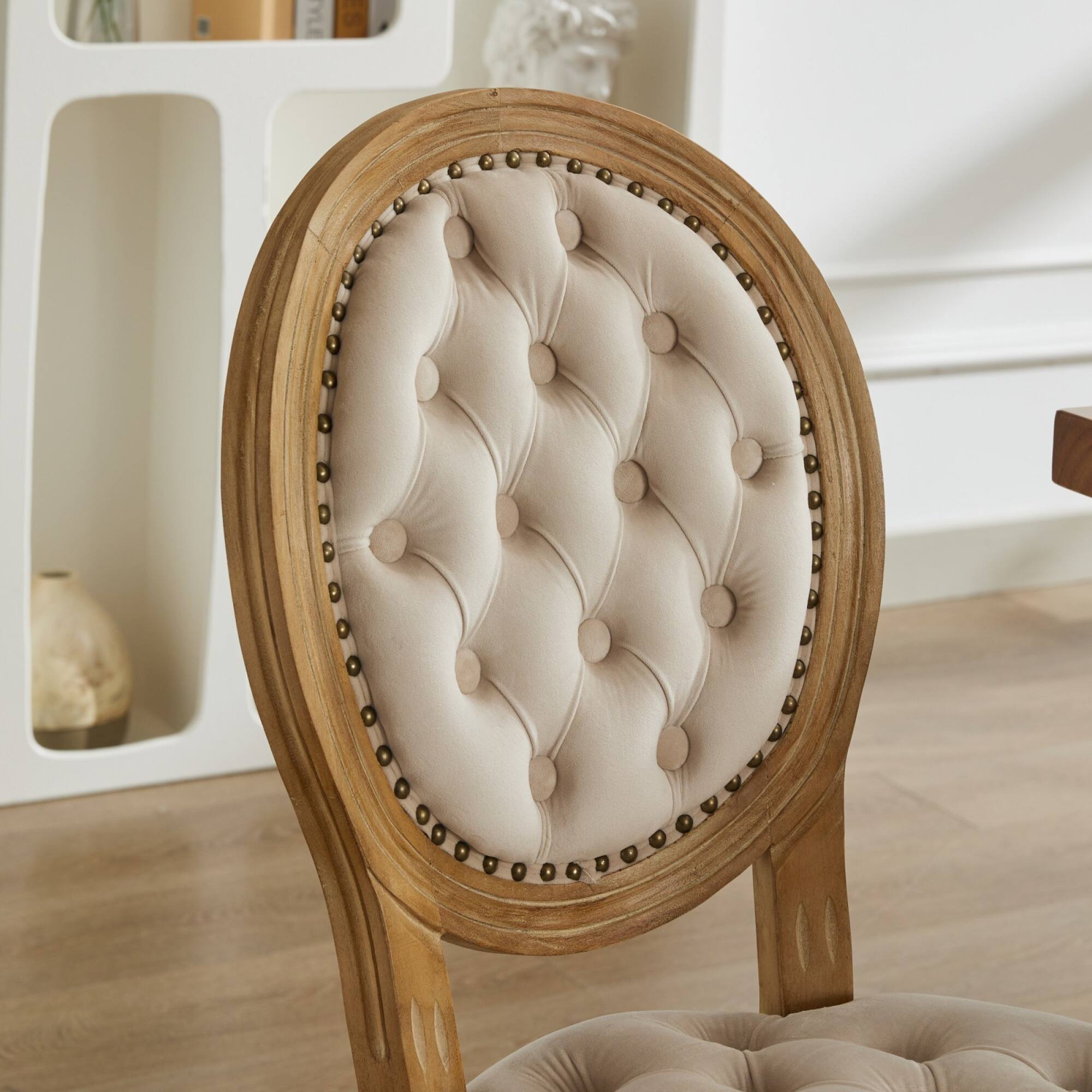 Alt View 6. GOODSILO - French Style Solid Wood Frame Antique Dining Chairs with Hand-Pulled Buckle Decoration and Nailhead Trim, Set of 2 - Beige.