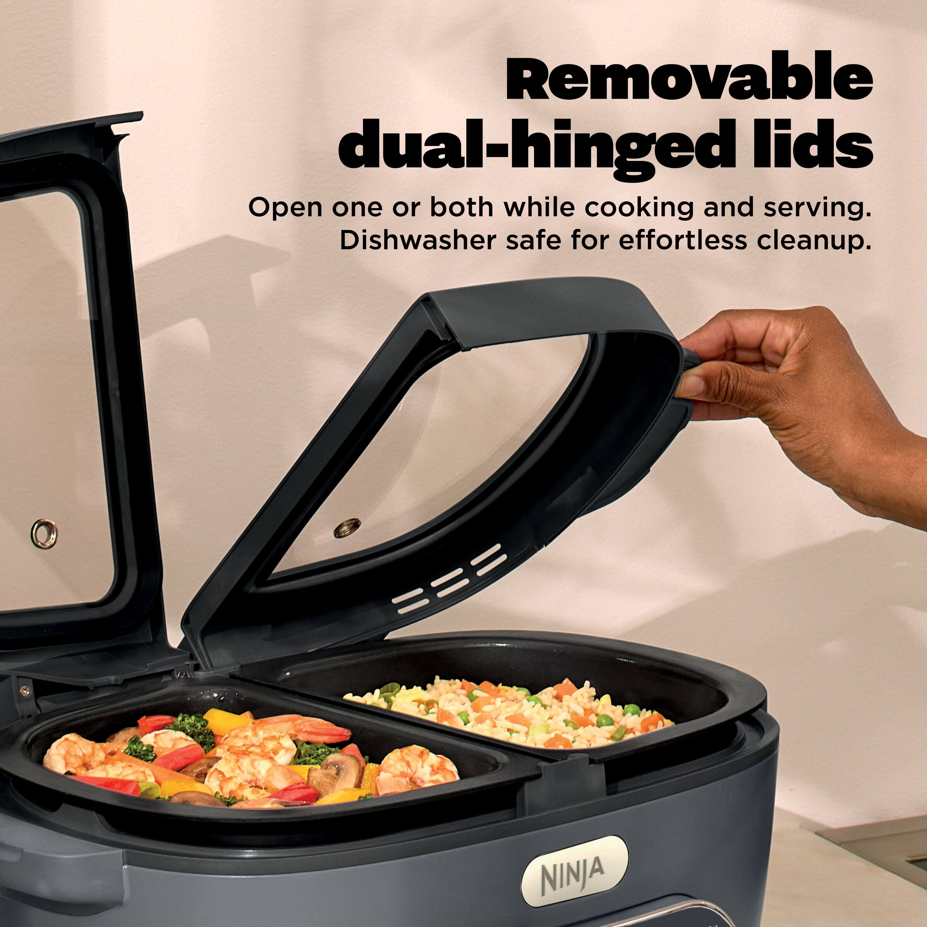 Removable dual-hinged lids. Open one or both while cooking and serving. Dishwasher safe for effortless cleanup.
