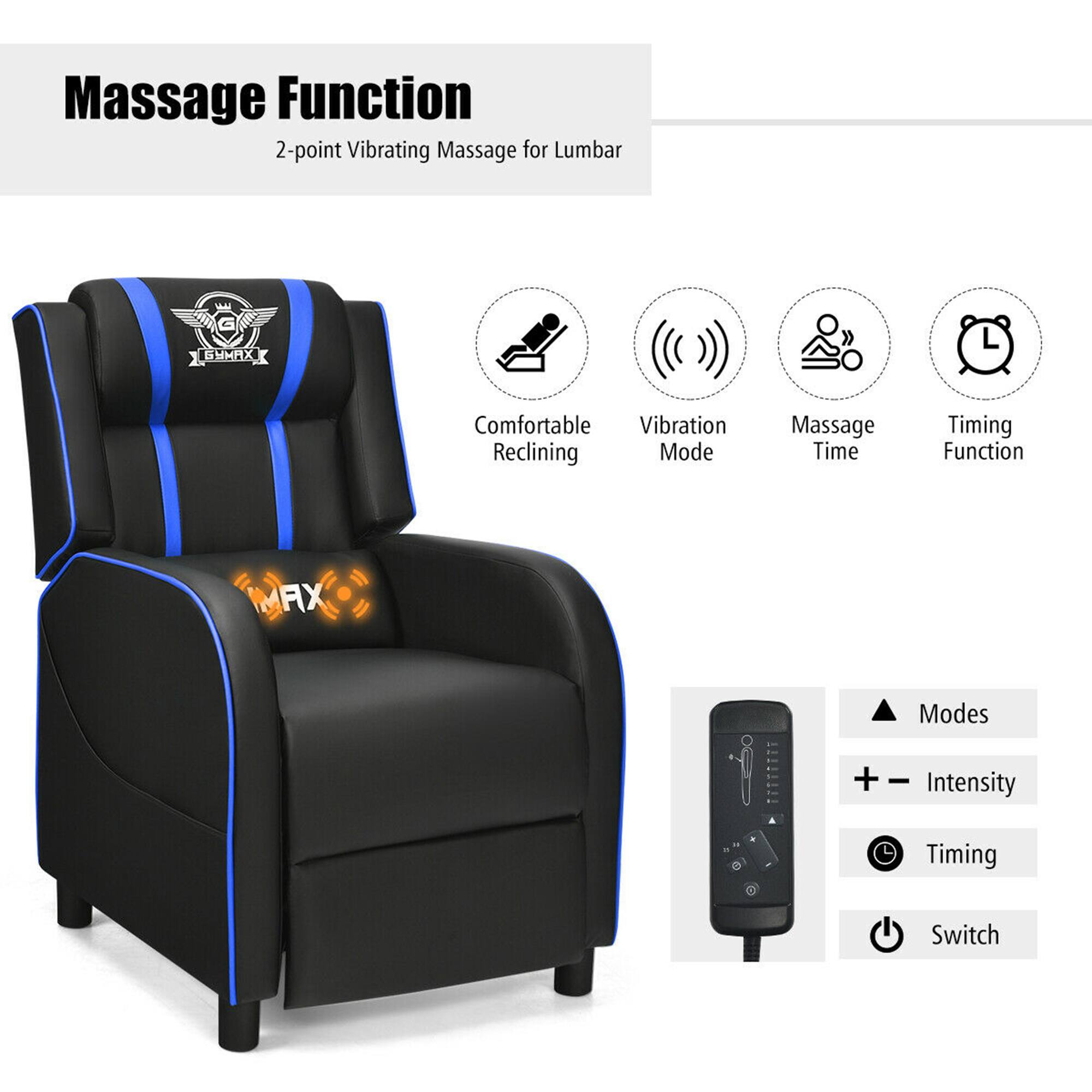 Massage Function: 2-point Vibrating Massage for Lumbar

Features:
- Comfortable Vibration Reclining Mode
- Massage Time: Timing Function
- MAX AX Modes + Intensity Timing Switch

This massage chair offers a 2-point vibrating massage for the lumbar region, providing a comfortable and effective way to relax and relieve tension in the lower back. The chair also features a reclining mode for added comfort, and a massage time function that allows for customizable massage durations. Additionally, the chair offers a variety of massage modes and intensity settings, allowing users to tailor their massage experience to their preferences.