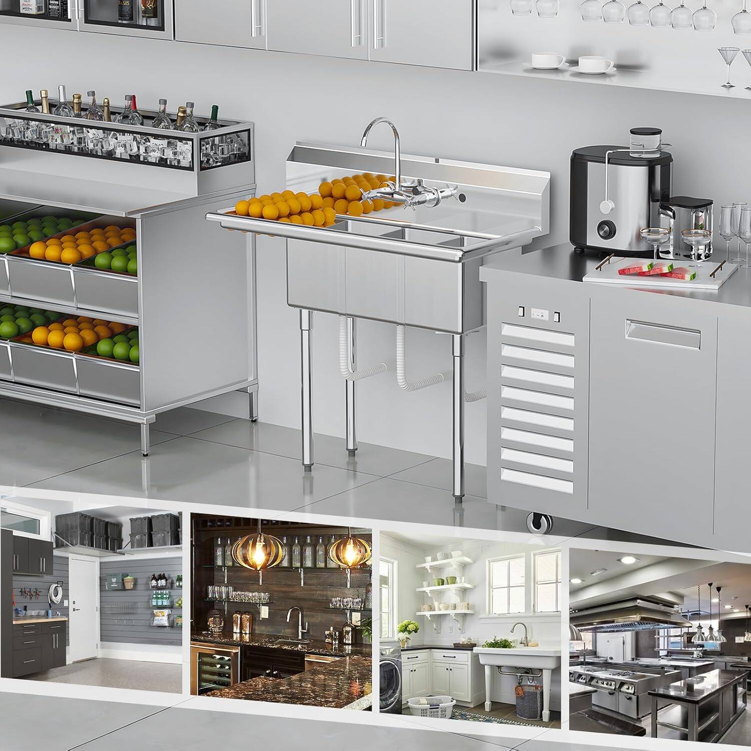 Alt View 4. Winado - 43.9"L x 20"W x 43.3"H Freestanding Stainless Steel Utility Sink with Left Side Panels & 3 Compartment for Restaurants - Silver.
