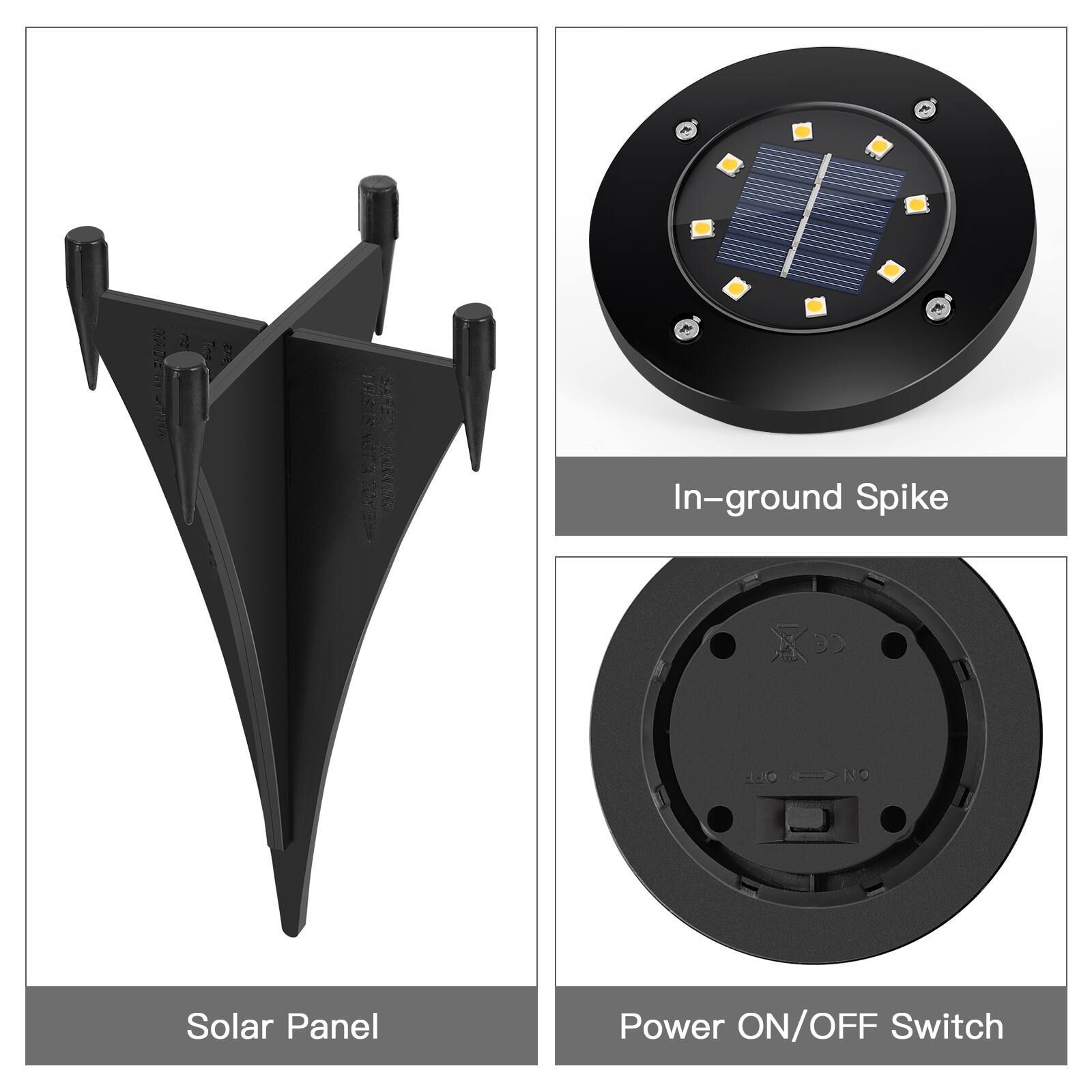 MADE THE QATIVA

SESHIL
SALETT WARN-ERRO

In-ground Spike
CE
OLL
NO

Solar Panel
Power ON/OFF Switch