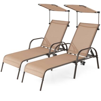 Front. Gymax - Gymax Set of 2 Heavy-Duty Chaise Lounge 5-Level Adjustable Patio Recliner Canopy - Brown.