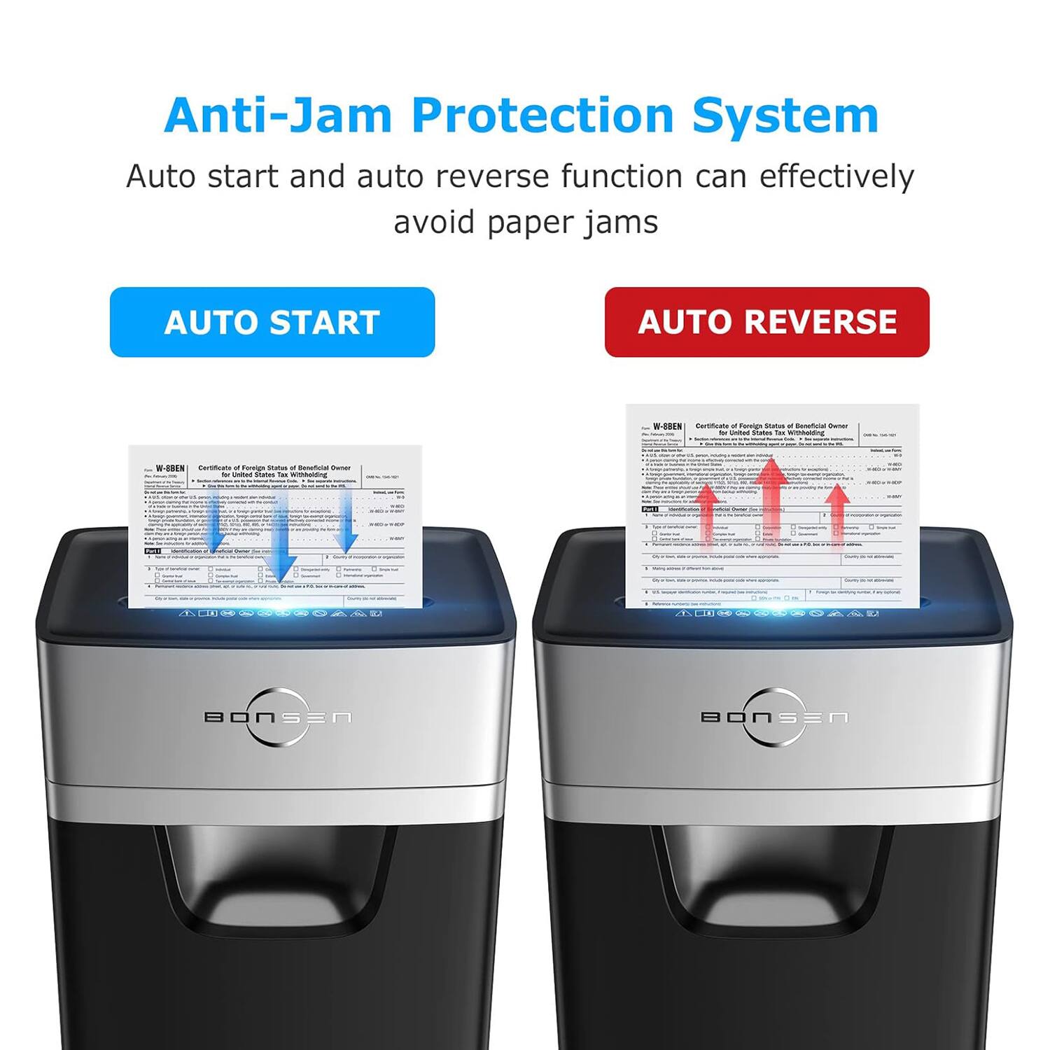 Anti-Jam Protection System  
Auto start and auto reverse function can effectively avoid paper jams  

AUTO START  
AUTO REVERSE  

BONSEN  
nE2008