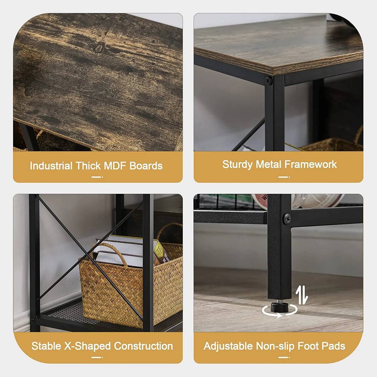 Industrial Thick MDF Boards, Sturdy Metal Framework, Stable X-Shaped Construction, Adjustable Non-slip Foot Pads.