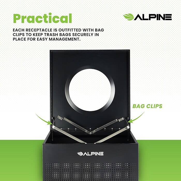 Practical
EACH RECEPTACLE IS OUTFITTED WITH BAG CLIPS TO KEEP TRASH BAGS SECURELY IN PLACE FOR EASY MANAGEMENT.
ALPINE
BAG CLIPS
ALPINE