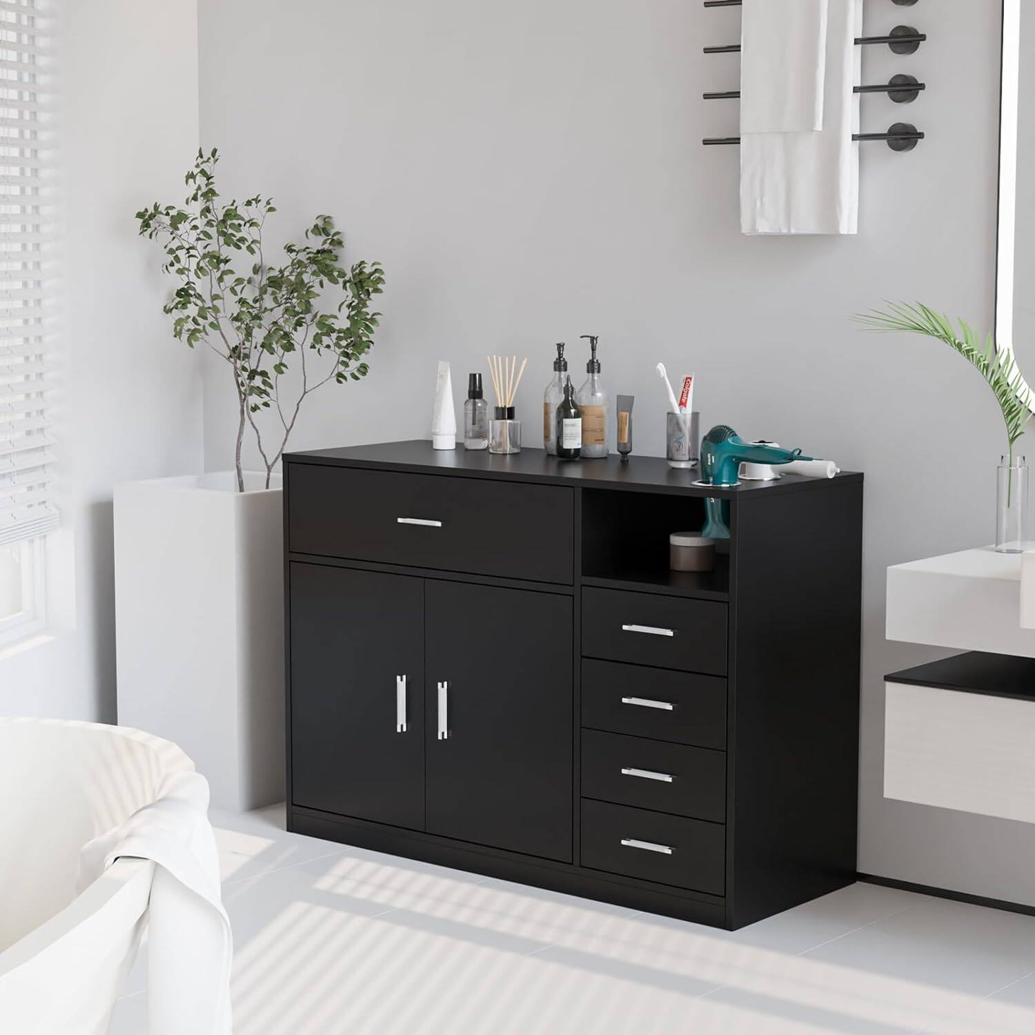 Alt View 4. Winado - Salon Station Free Standing Cabinet Barber Hair Styling Stations with 5 Drawers & Hair Dryer Holder & Storage Cabinet - Black.