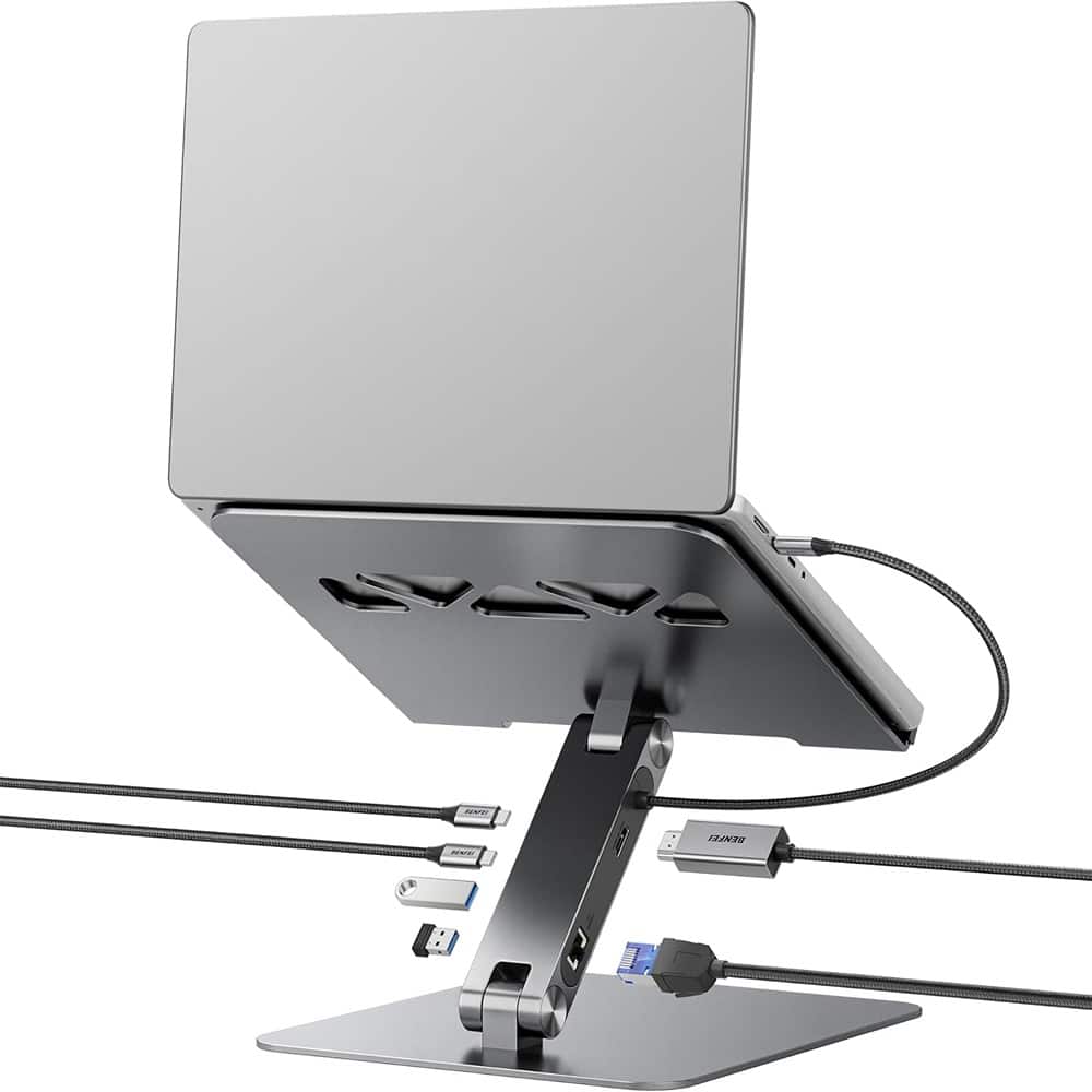 ACJPR - Laptop Stand with USB-C 6-in-1 Docking Station, HDMI, Ethernet, Power - Silver
