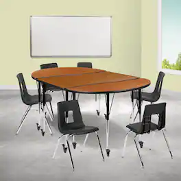 Emma + Oliver - Mobile 76" Oval Wave Collaborative Laminate Activity Table Set with 18" Student Stack Chairs, Grey/Black - Oak