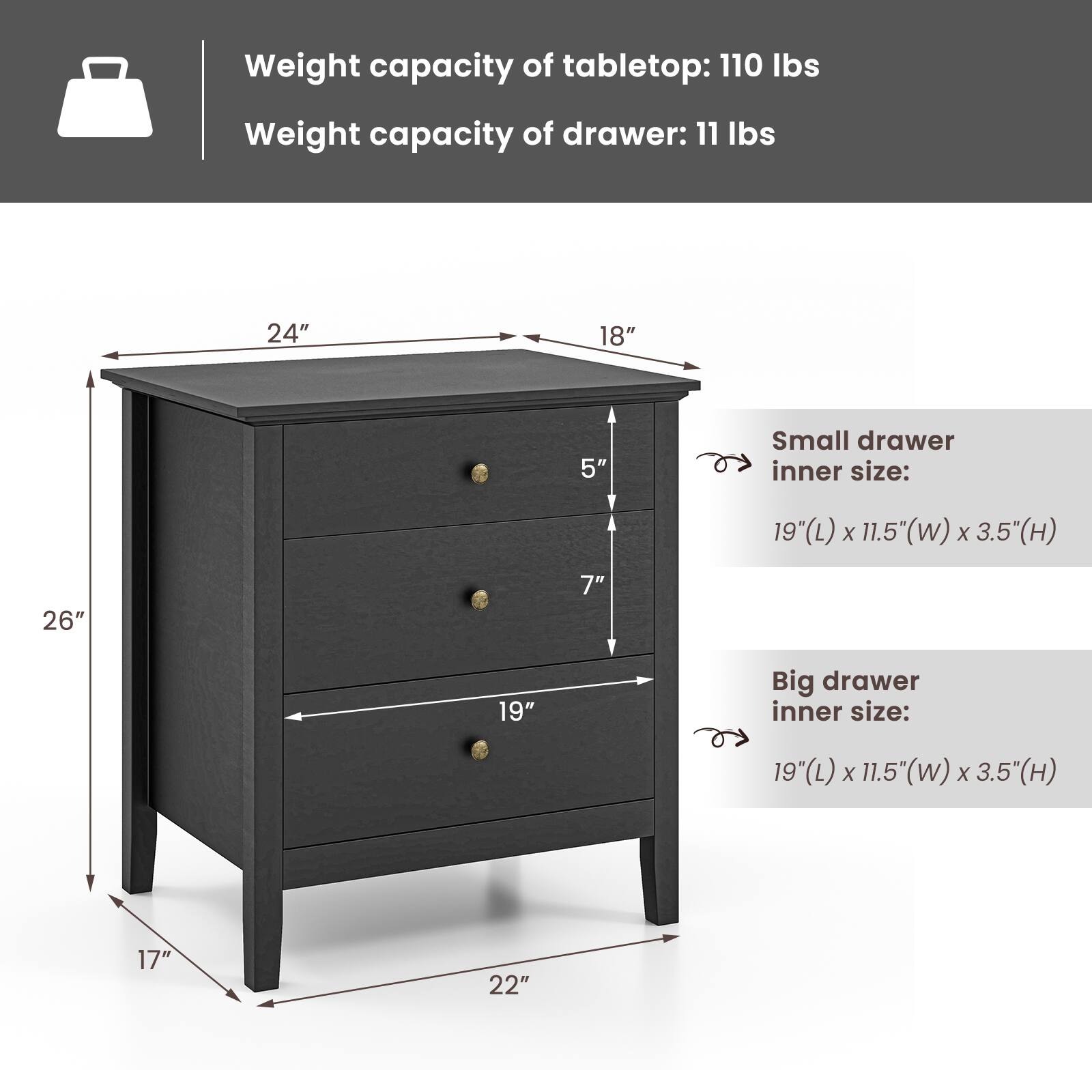 Weight capacity of tabletop: 110 lbs  
Weight capacity of drawer: 11 lbs  

24"  
18"  
5"  
Small drawer inner size:  
19(L) x 11.5(W) x 3.5(H)  

26"  
7"  
19"  
Big drawer inner size:  
19(L) x 11.5(W) x 3.5(H)  

17"  
22"