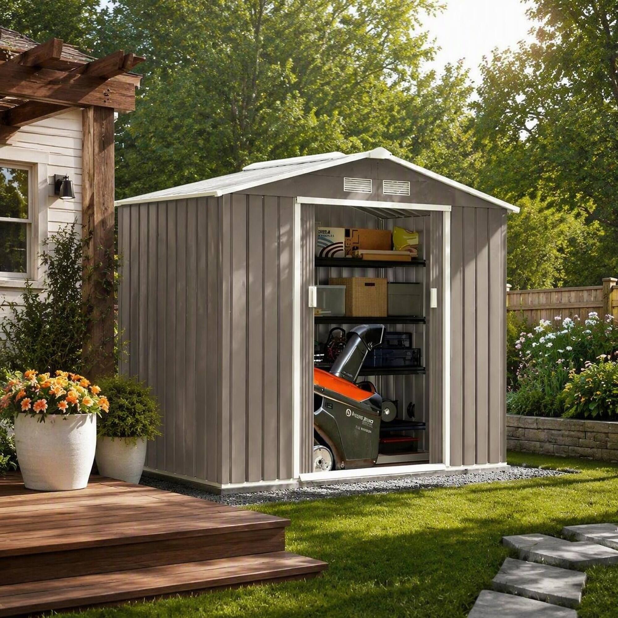 Left. RYHNUYNE - Metal Garden Shed Sloped Roof 6.7x3.8x6.1ft Weatherproof Easy Assembly Storage - Gray.