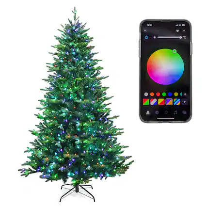 Front. Gymax - Gymax 8 FT Pre-lit Artificial Christmas Tree w/ APP Control & 15 Lighting Modes - Green.