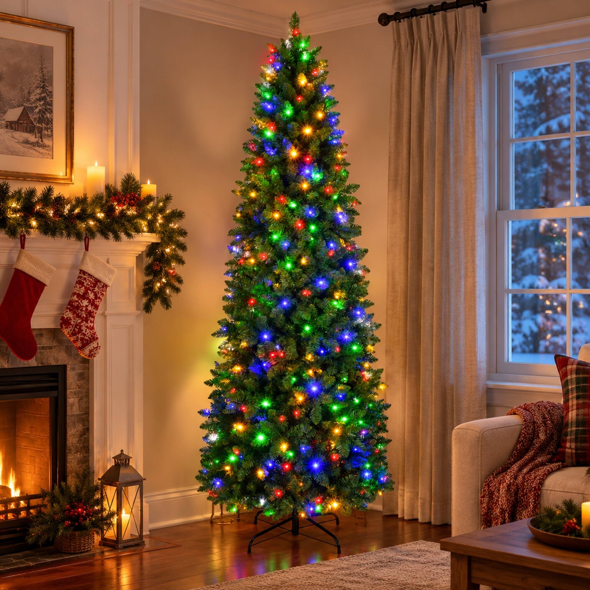Left. RYHNUYNE - 9FT Pre-Lit Pencil Christmas Tree With Warm White and Multi-Color LED Lights, Realistic Spruce and Metal Base - Green.