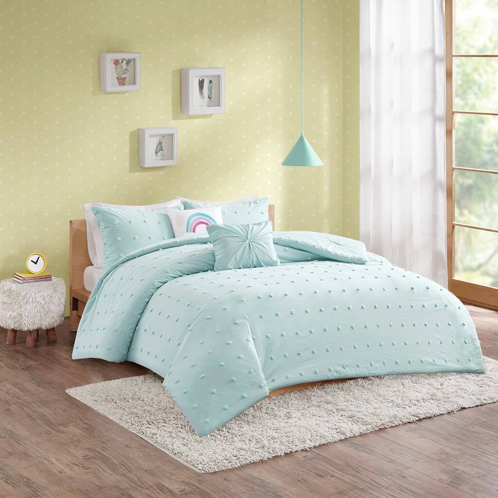 Alt View 1. Gracie Mills - Gracie Mills Caius Playful Elegance Cotton Jacquard Pom Pom Comforter Collection - Aqua.