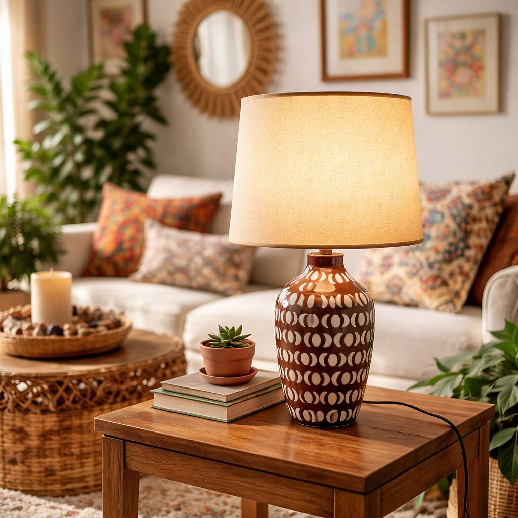 Front. FC Design - 23"H Dark Brown Vase w/ White Geometric Pattern Table Lamp.
