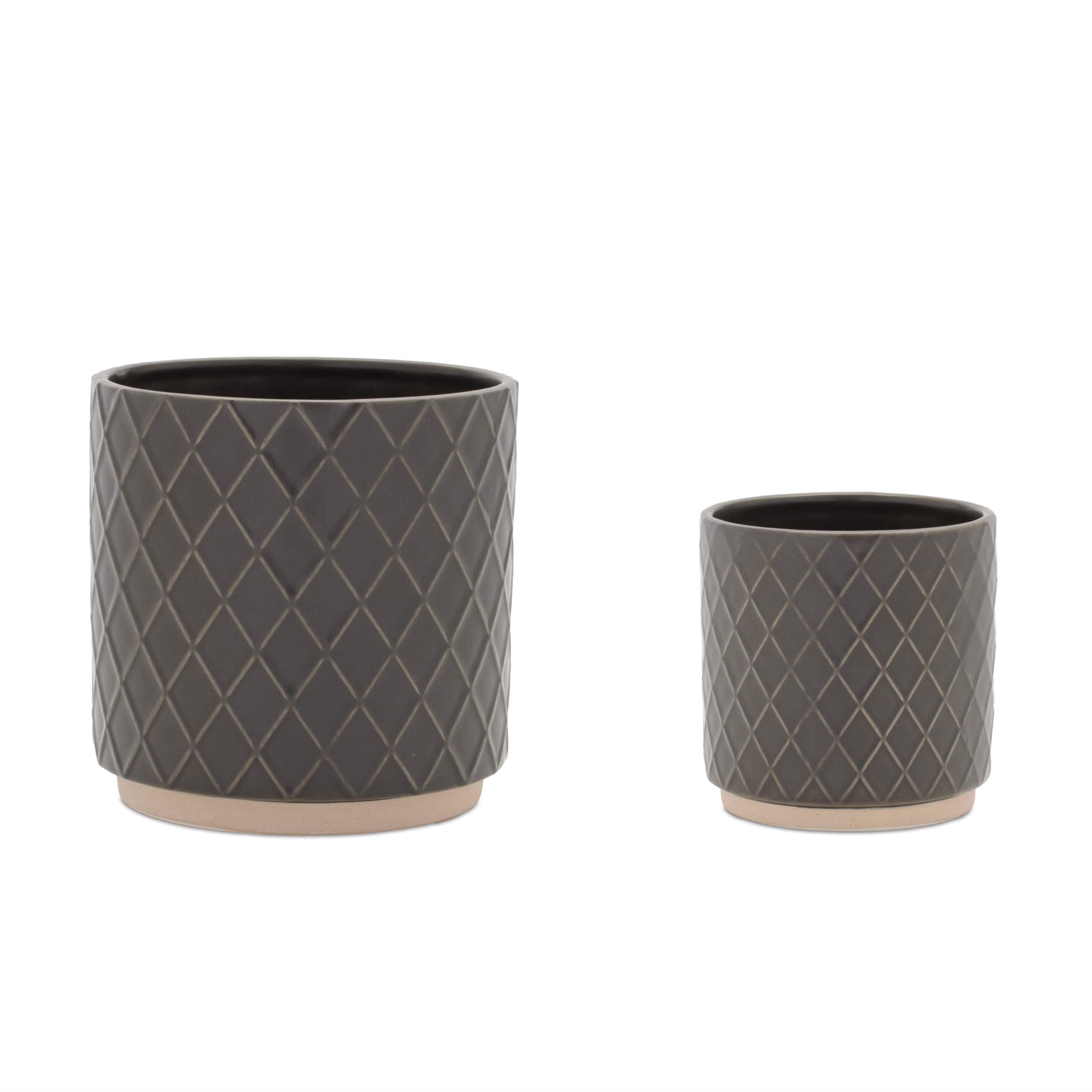 BreeBe - Ceramic Diamond Pattern Planter (Set of 2) - Gray