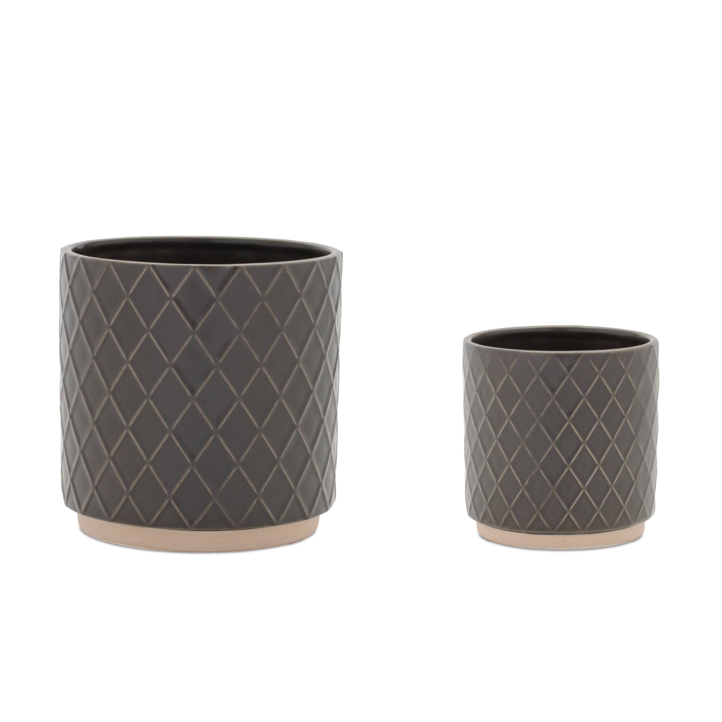 Front. BreeBe - Ceramic Diamond Pattern Planter (Set of 2) - Gray.