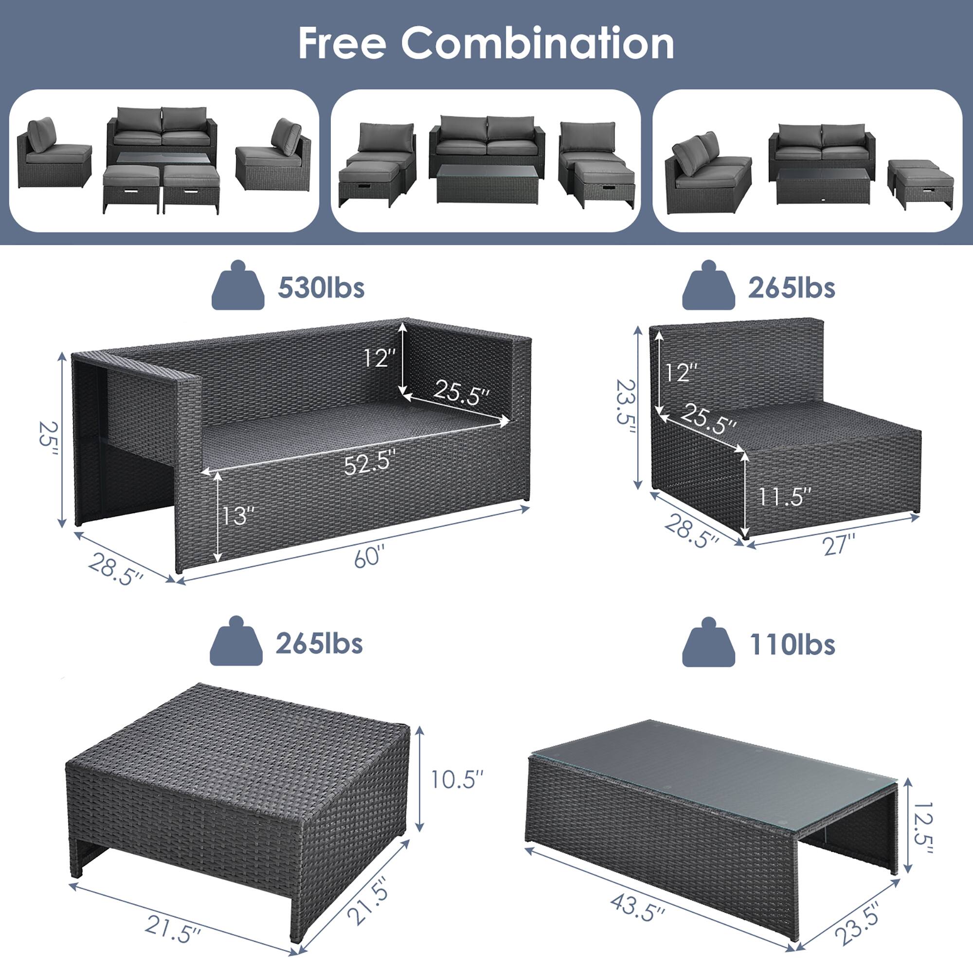 Free Combination:

1. 530lbs: 265lbs, 25" x 28.5" x 13"
2. 25" x 28.5" x 13"
3. 25.5" x 52.5" x 60"
4. 52.5" x 60" x 23.5"
5. 25.5" x 11.5" x 28.5"
6. 27" x 265lbs x 110lbs
7. 21.5" x 21.5" x 10.5"
8. 43.5" x 23.5" x 12.5"