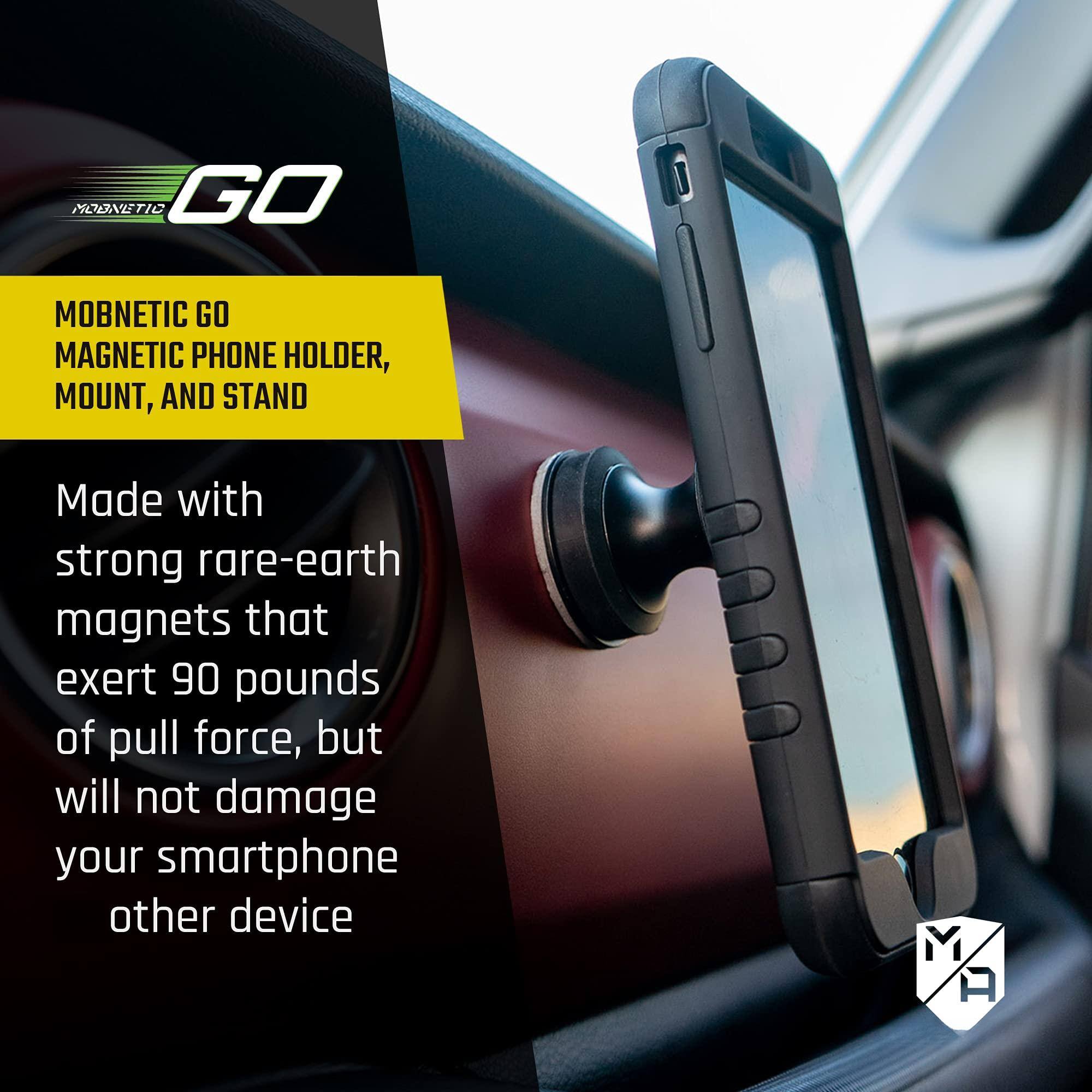 MOBNETIC GO  
MAGNETIC PHONE HOLDER, MOUNT, AND STAND  

Made with strong rare-earth magnets that exert 90 pounds of pull force, but will not damage your smartphone or other device