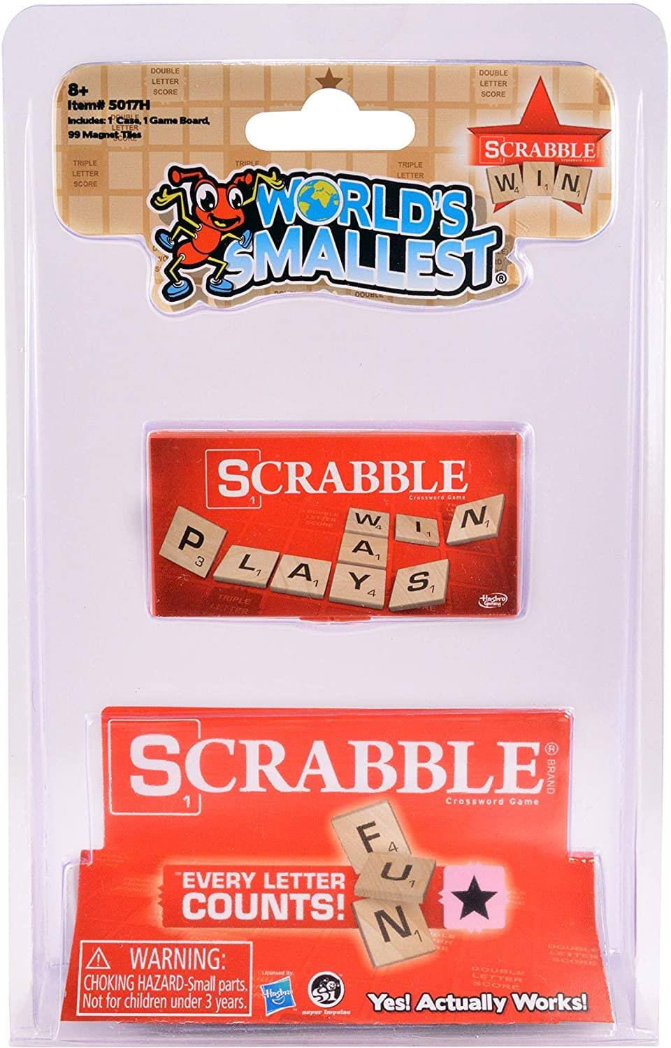 DOUBLE DOUBLE LETTER LETTER 8+ SCORE SCORE  
Item# 5017H  
Includes: 1 Case, 1 Game Board, LETTER 99 Magnet Tiles  

SCRABBLE TRIPLE TRIPLE LETTER LETTER SCORE  

WORLD'S SMALLEST SCRABBLE  
Cressmere Game  

EVERY LETTER COUNTS!  

WARNING: CHOKING HAZARD-Small LETTER parts. Not for children under 3 years.  

Yes! Actually Works!