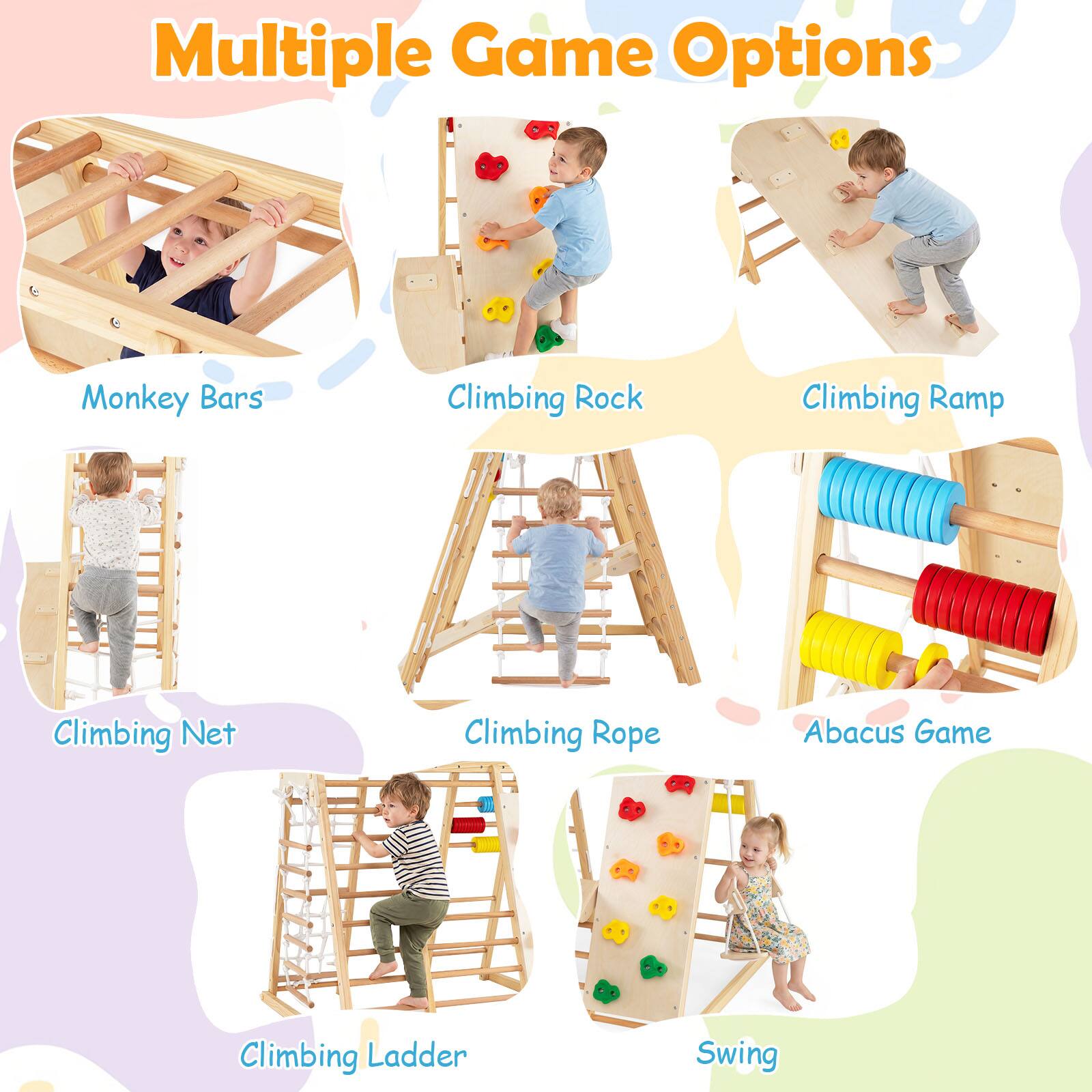 Multiple Game Options

- Monkey Bars
- Climbing Rock
- Climbing Ramp
- Climbing Net
- Climbing Rope
- Abacus Game
- Climbing Ladder
- Swing