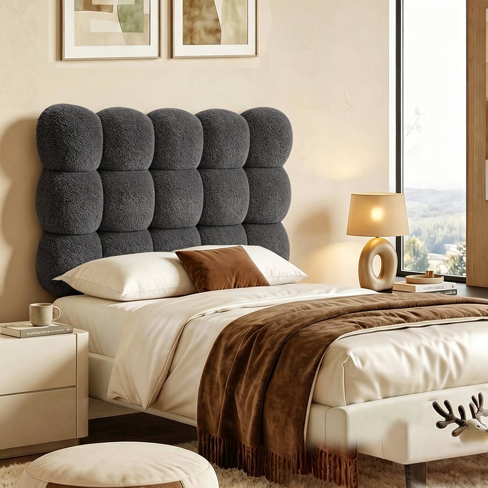 Angle. Pinmoco - Upholstered Headboard with Adjustable Height, Cloud-Like Comfort, No Damage on Walls - Gray.