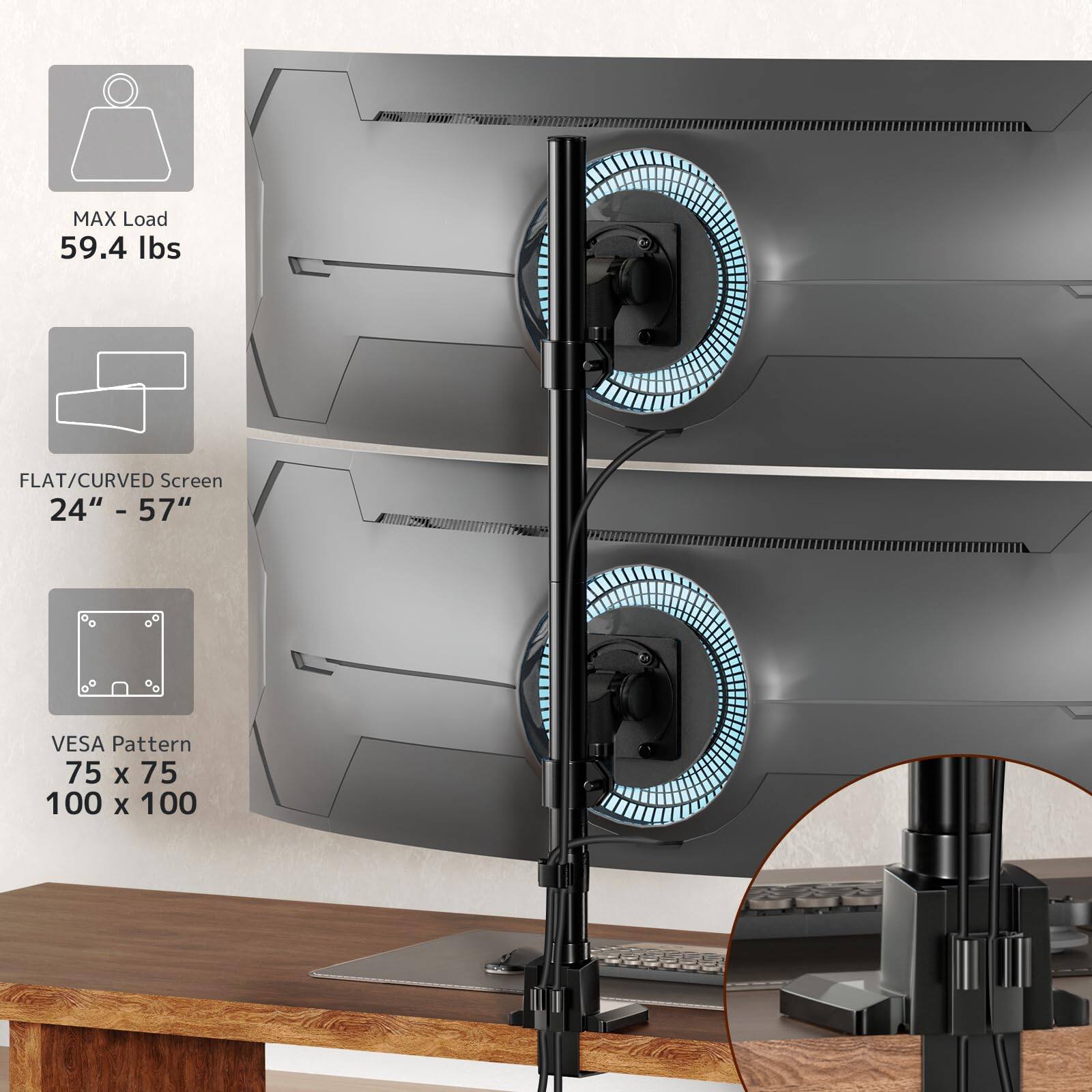 MAX Load  
59.4 lbs  

FLAT/CURVED Screen  
24" - 57"  

VESA Pattern  
75 x 75  
100 x 100