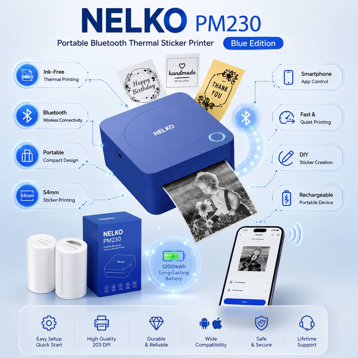 NELKO PM230 Portable Bluetooth Thermal Sticker Printer Blue Edition Ink-Free Thermal Printing handmade i- OVE Happy Birthday THANK YOU Smartphone App Control Bluetooth Wireless Connectivity NELKO Fast & Quiet Printing Portable Compact Design DIY Sticker Creation 54mm 54mm Sticker Printing Rechargeable Portable Device NELKO PM230 PUSS - - - -una ! n -  a 1200mAh Long-Lasting Battery - - - - Easy Setup Quick Start High Quality 203 DPI Durable & Reliable Wide Compatibility Safe & Secure Lifetime Support